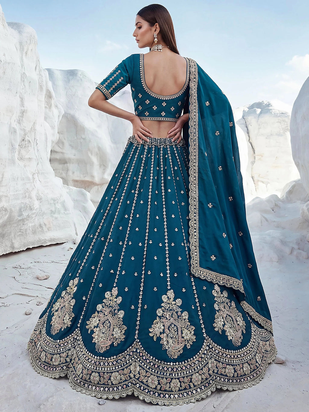 Dazzling Teal Blue Sequins Silk Wedding Wear Lehenga Choli