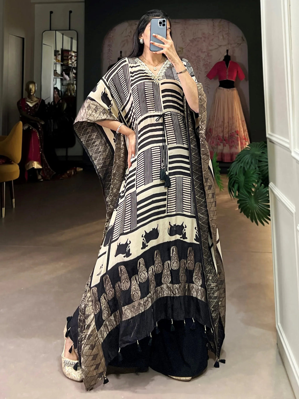 Charming Cream Zari Weaving Jacquard Festive Wear Kaftan