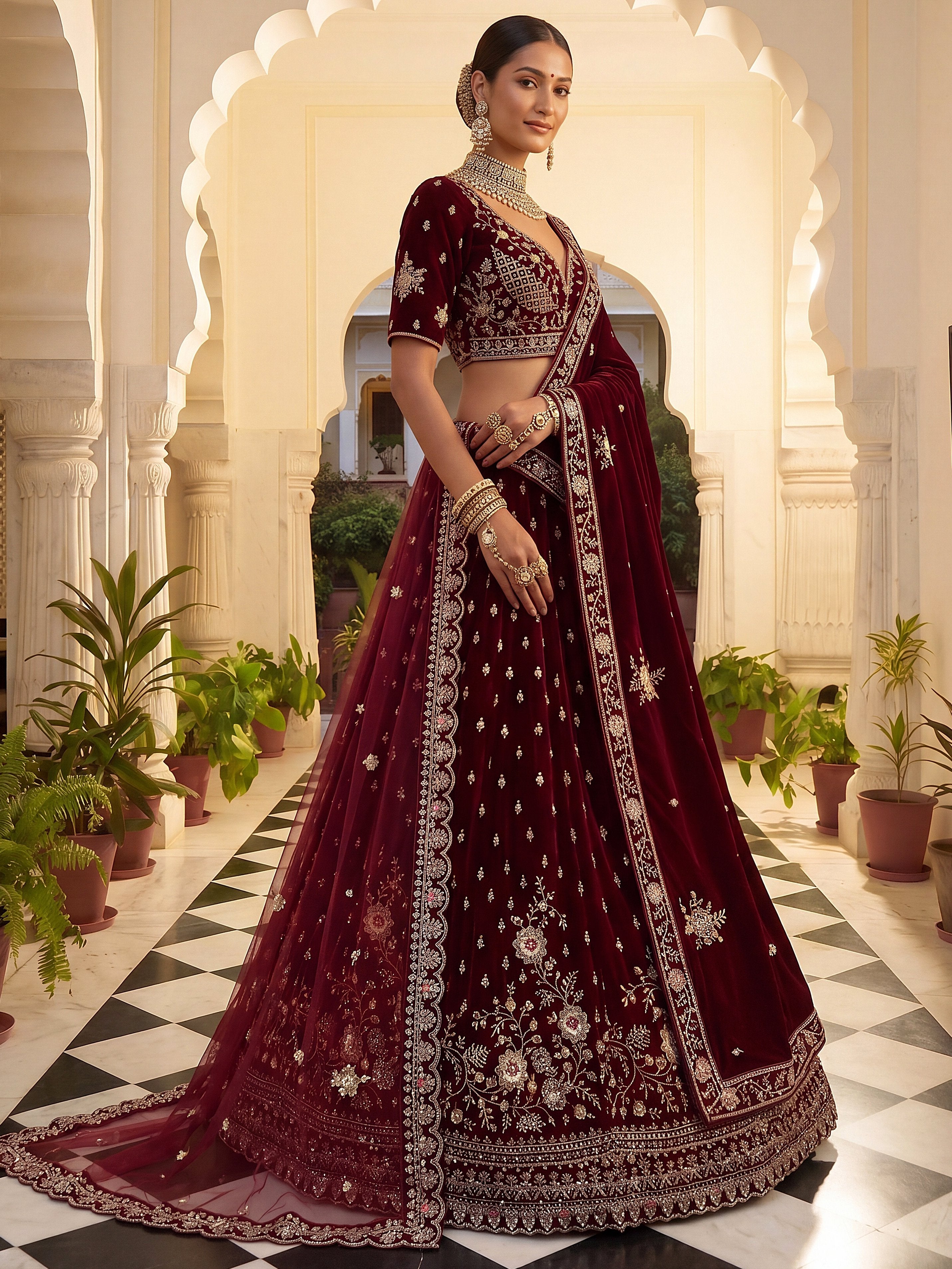 Luxurious Maroon Velvet Bridal Lehenga Choli With Double Dupatta
