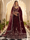 Luxurious Maroon Velvet Bridal Lehenga Choli With Double Dupatta