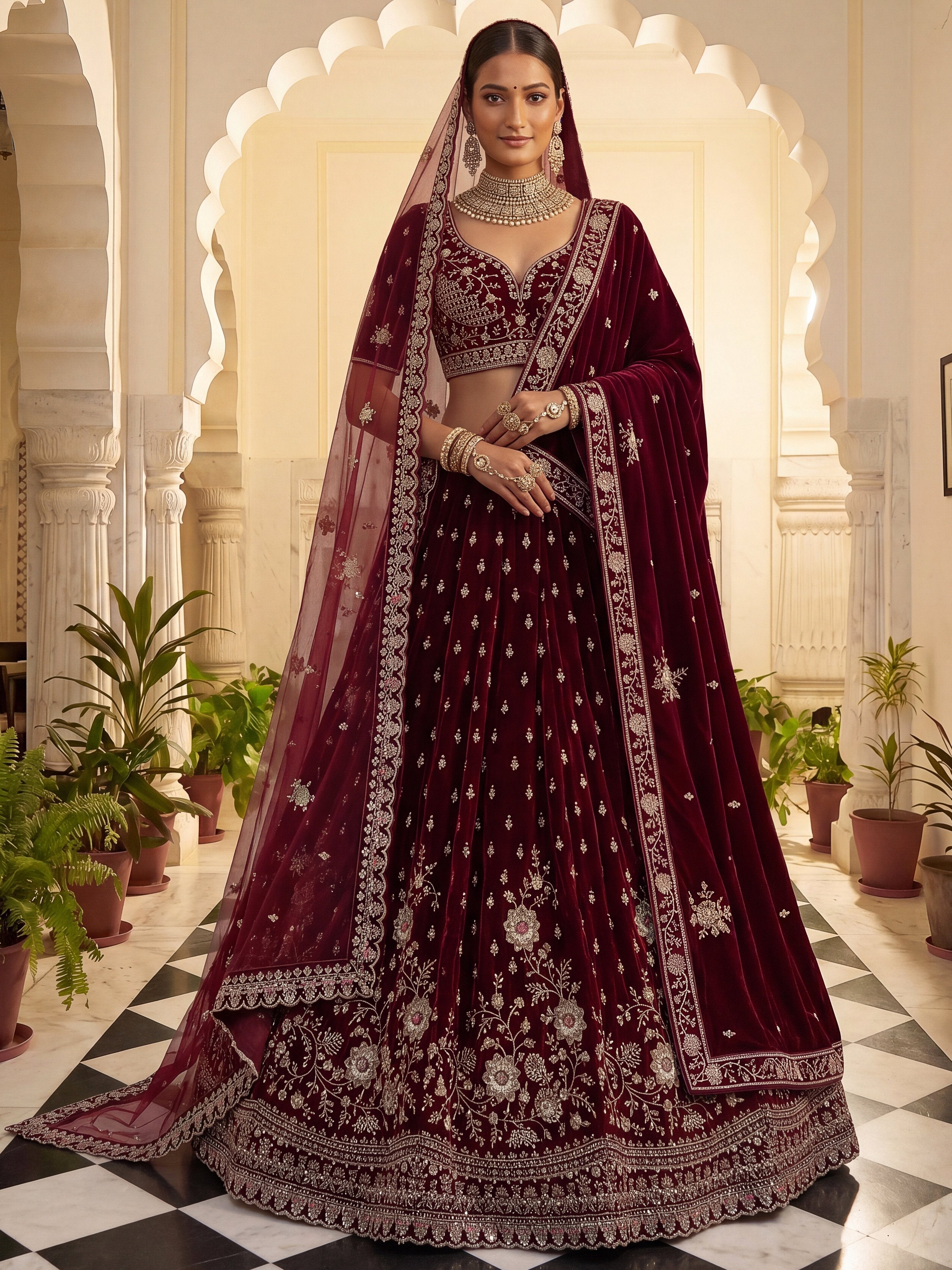 Luxurious Maroon Velvet Bridal Lehenga Choli With Double Dupatta