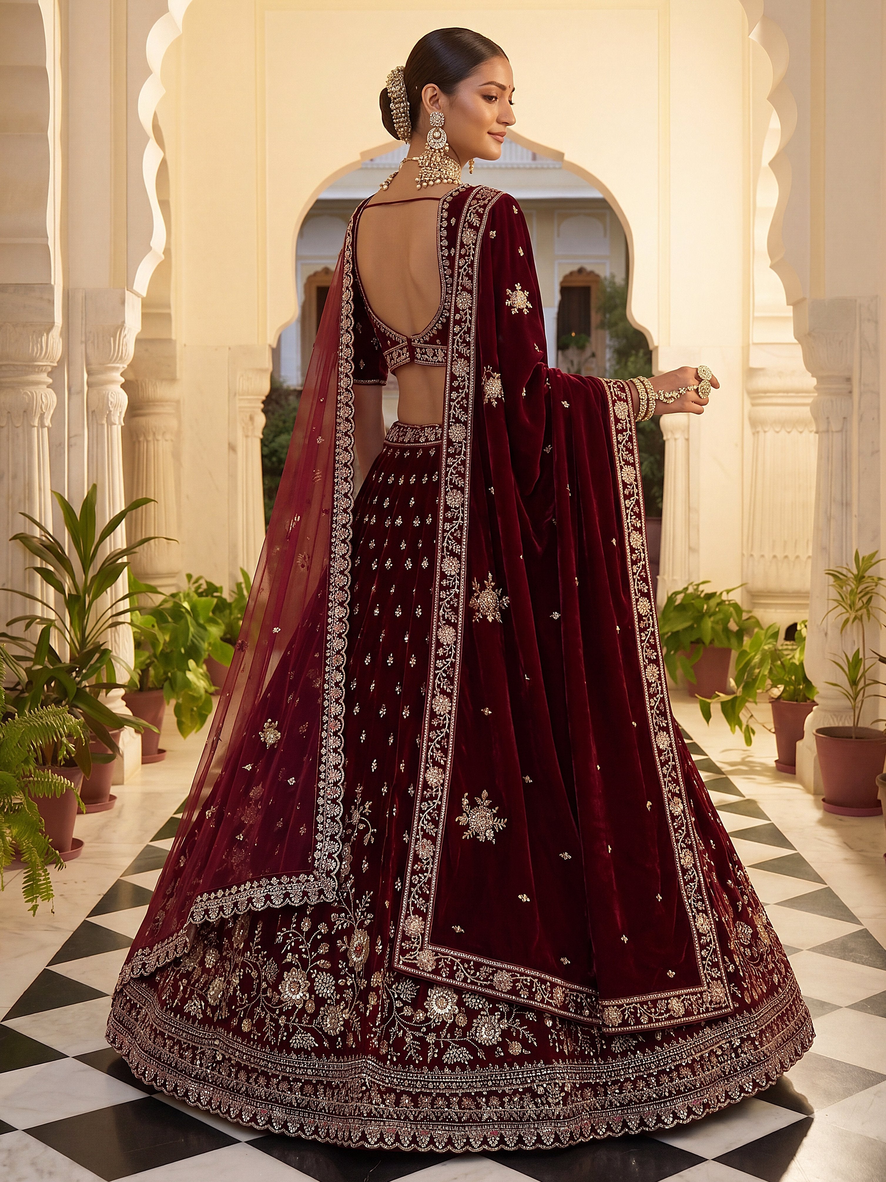Luxurious Maroon Velvet Bridal Lehenga Choli With Double Dupatta