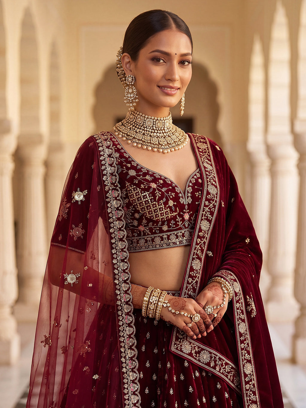 Luxurious Maroon Velvet Bridal Lehenga Choli With Double Dupatta