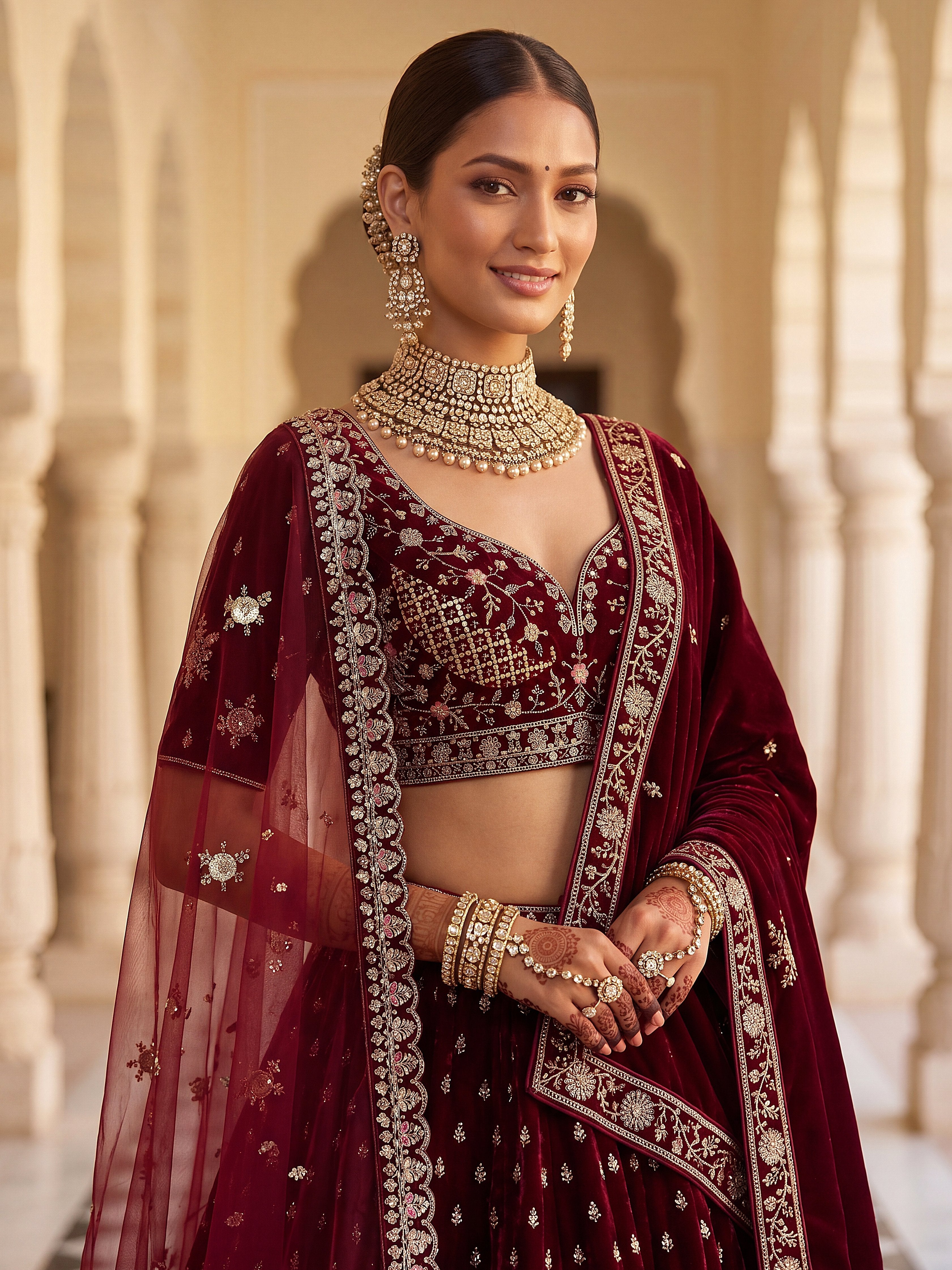 Luxurious Maroon Velvet Bridal Lehenga Choli With Double Dupatta