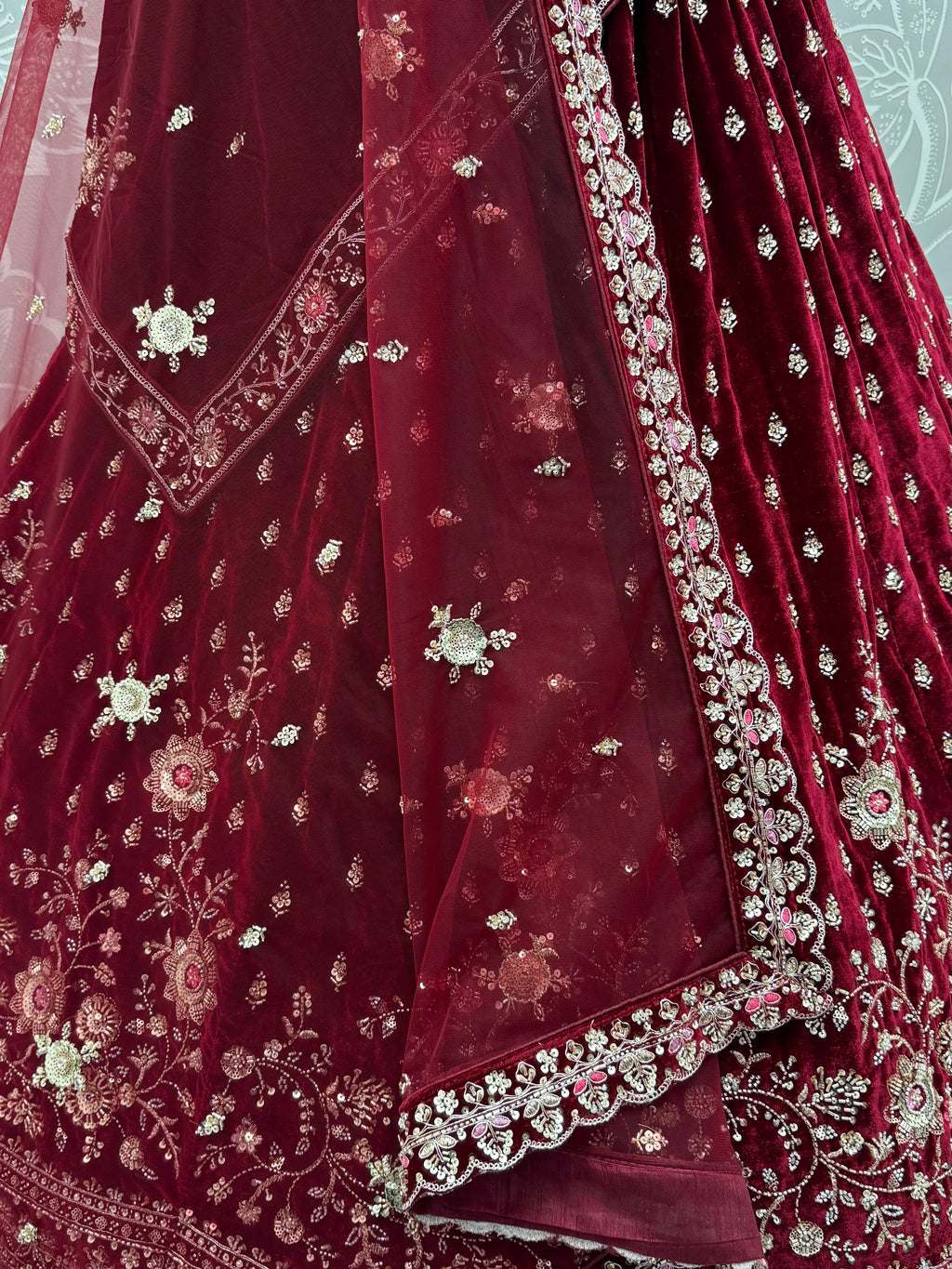 Luxurious Maroon Velvet Bridal Lehenga Choli With Double Dupatta