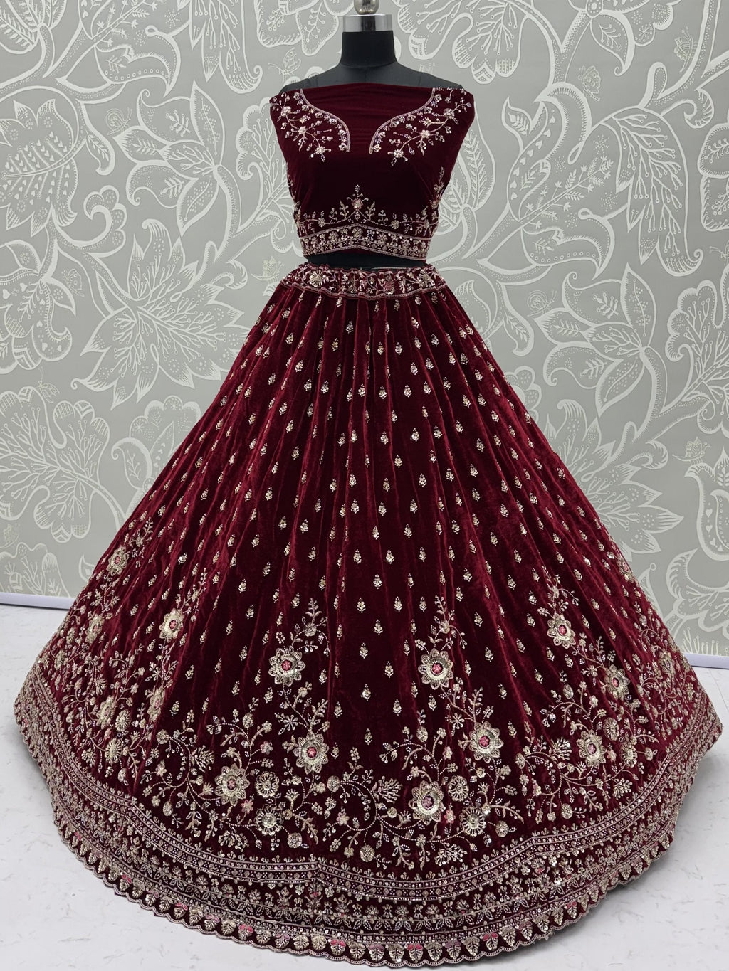 Luxurious Maroon Velvet Bridal Lehenga Choli With Double Dupatta