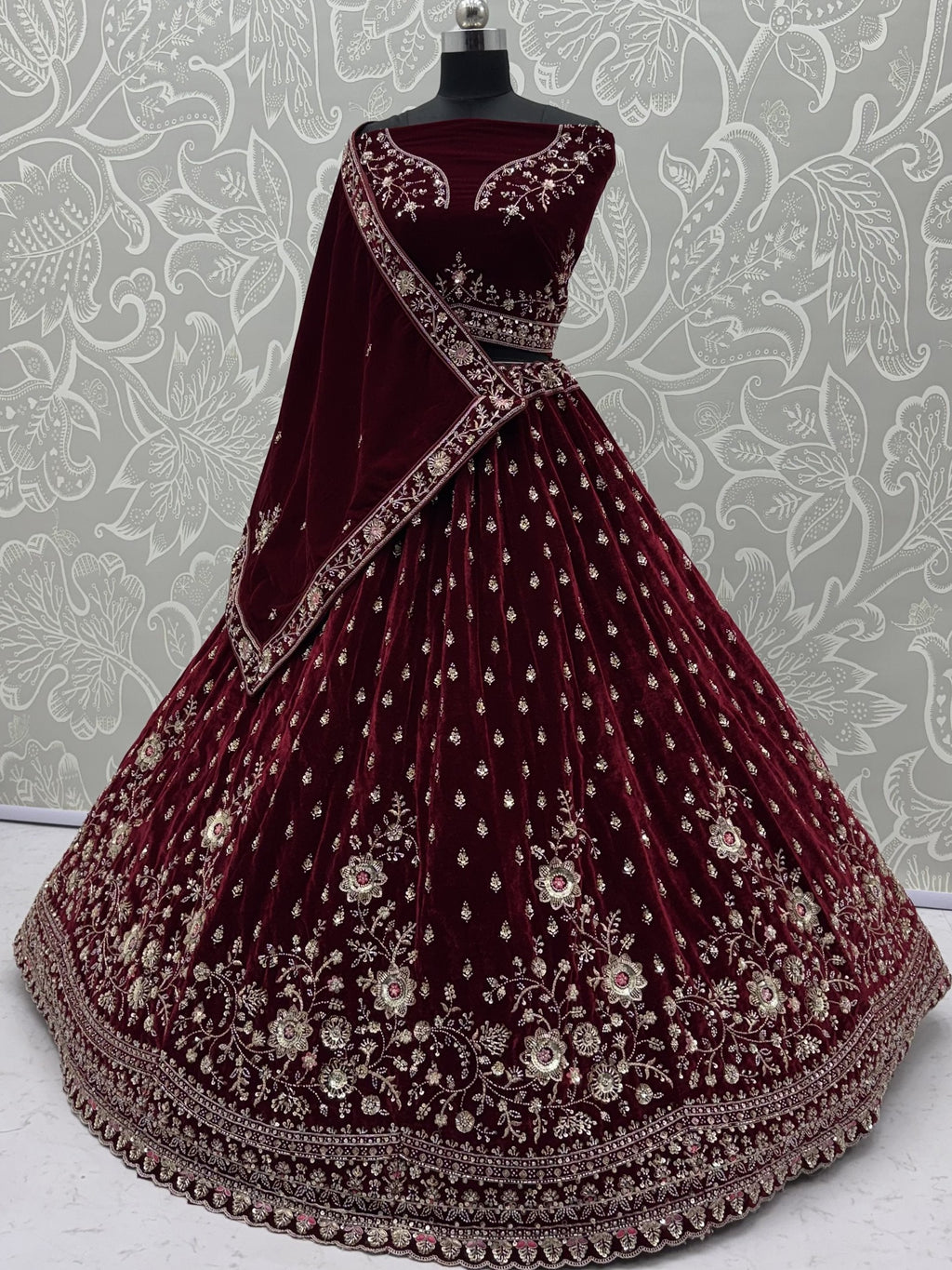 Luxurious Maroon Velvet Bridal Lehenga Choli With Double Dupatta