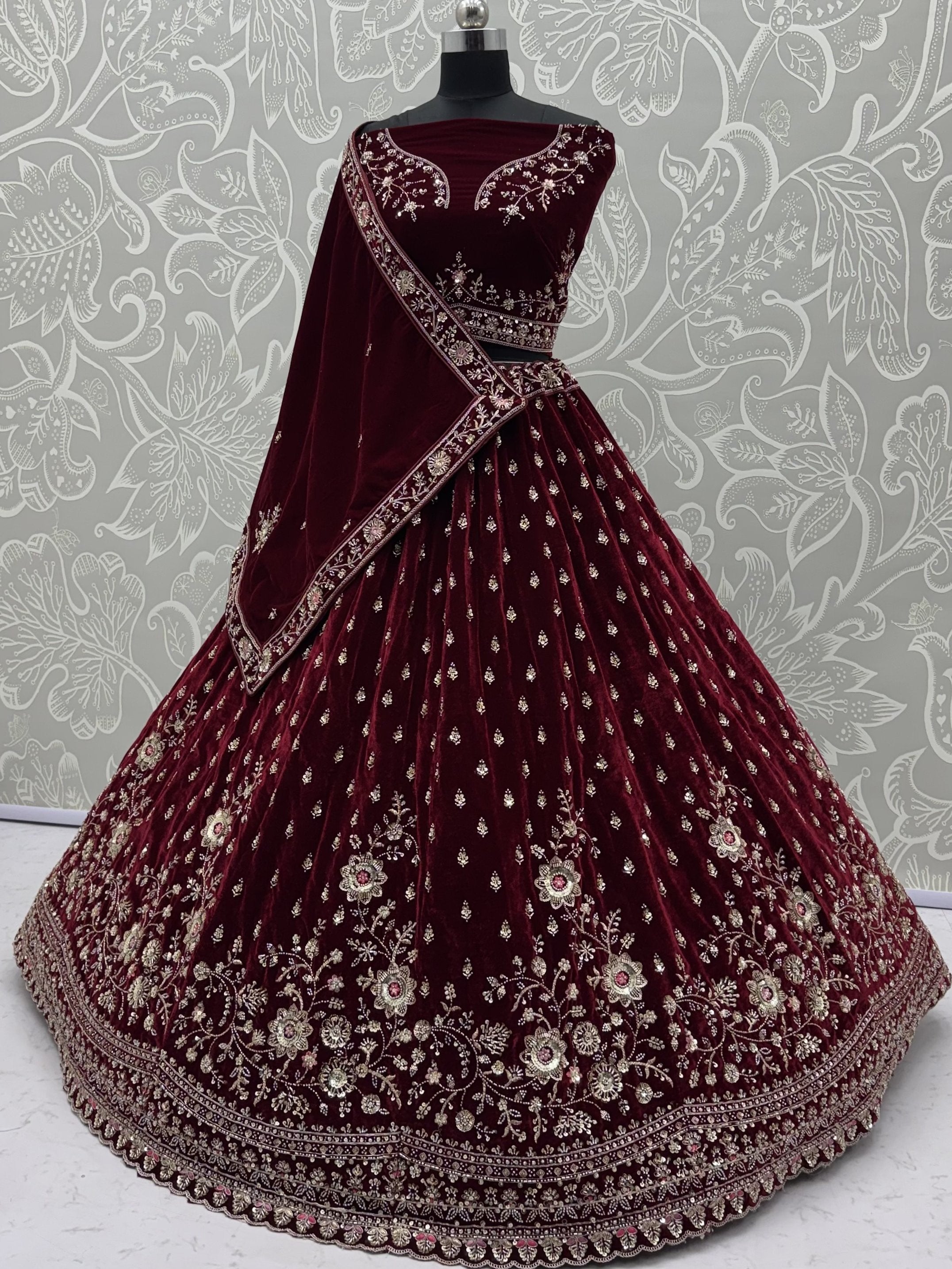 Luxurious Maroon Velvet Bridal Lehenga Choli With Double Dupatta