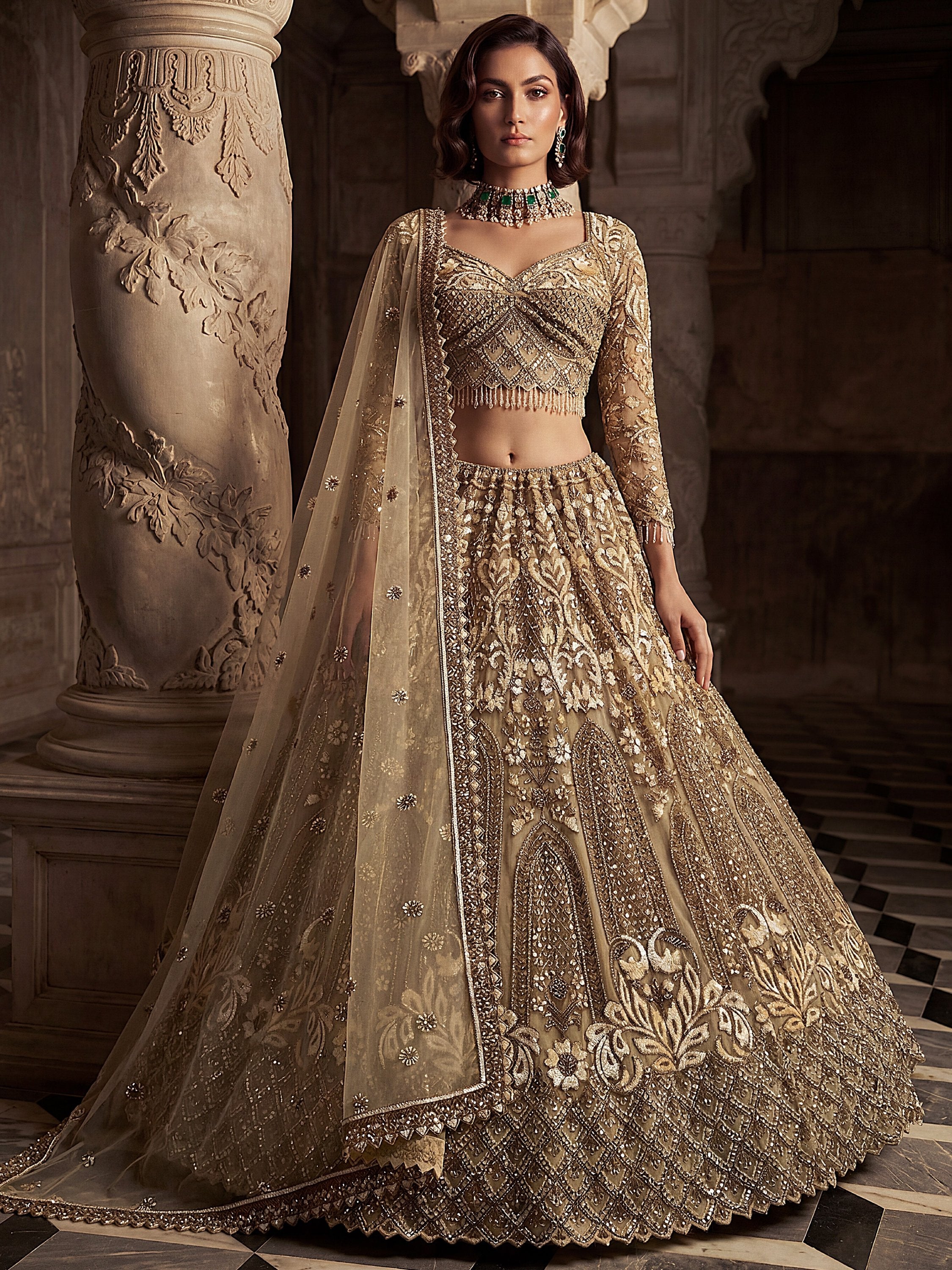 Luxurious Golden Hand Embroidery Net Bridal Lehenga Choli With Dupatta