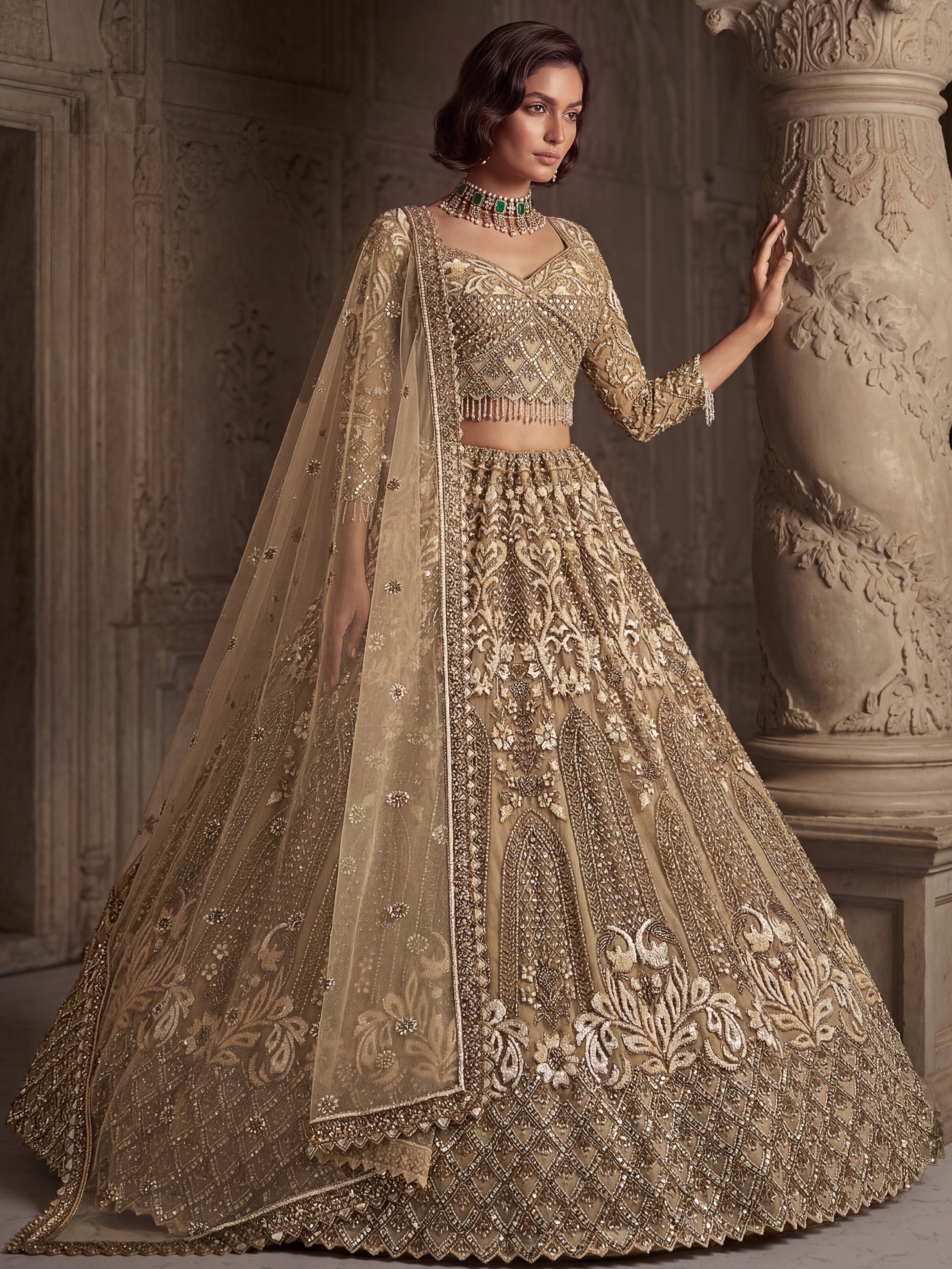 Luxurious Golden Hand Embroidery Net Bridal Lehenga Choli With Dupatta