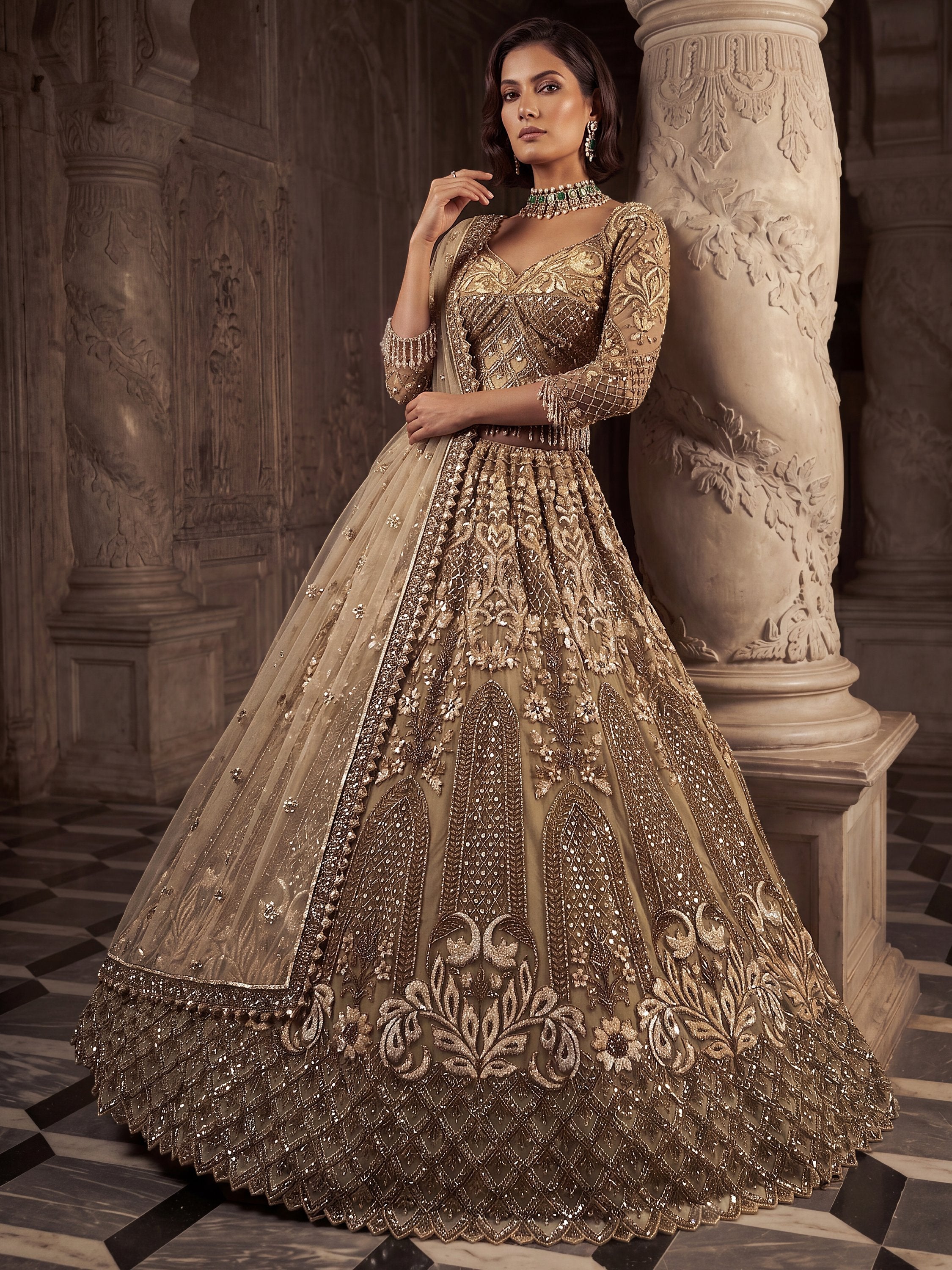 Luxurious Golden Hand Embroidery Net Bridal Lehenga Choli With Dupatta