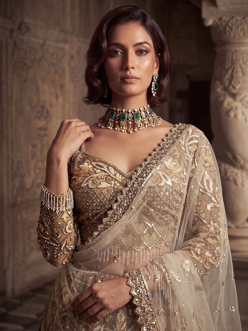 Luxurious Golden Hand Embroidery Net Bridal Lehenga Choli With Dupatta