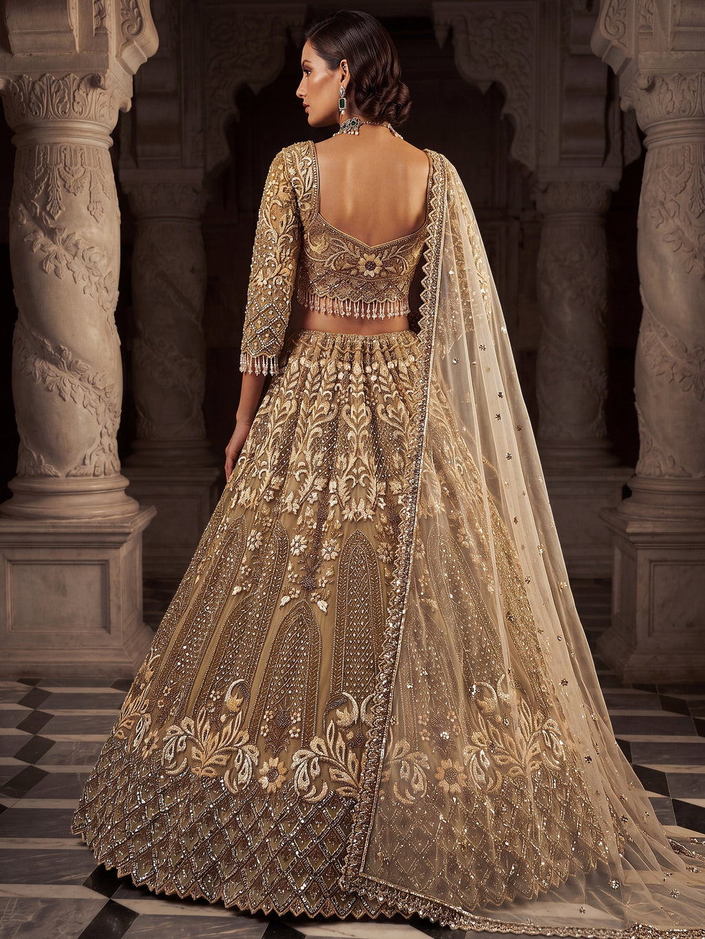 Luxurious Golden Hand Embroidery Net Bridal Lehenga Choli With Dupatta