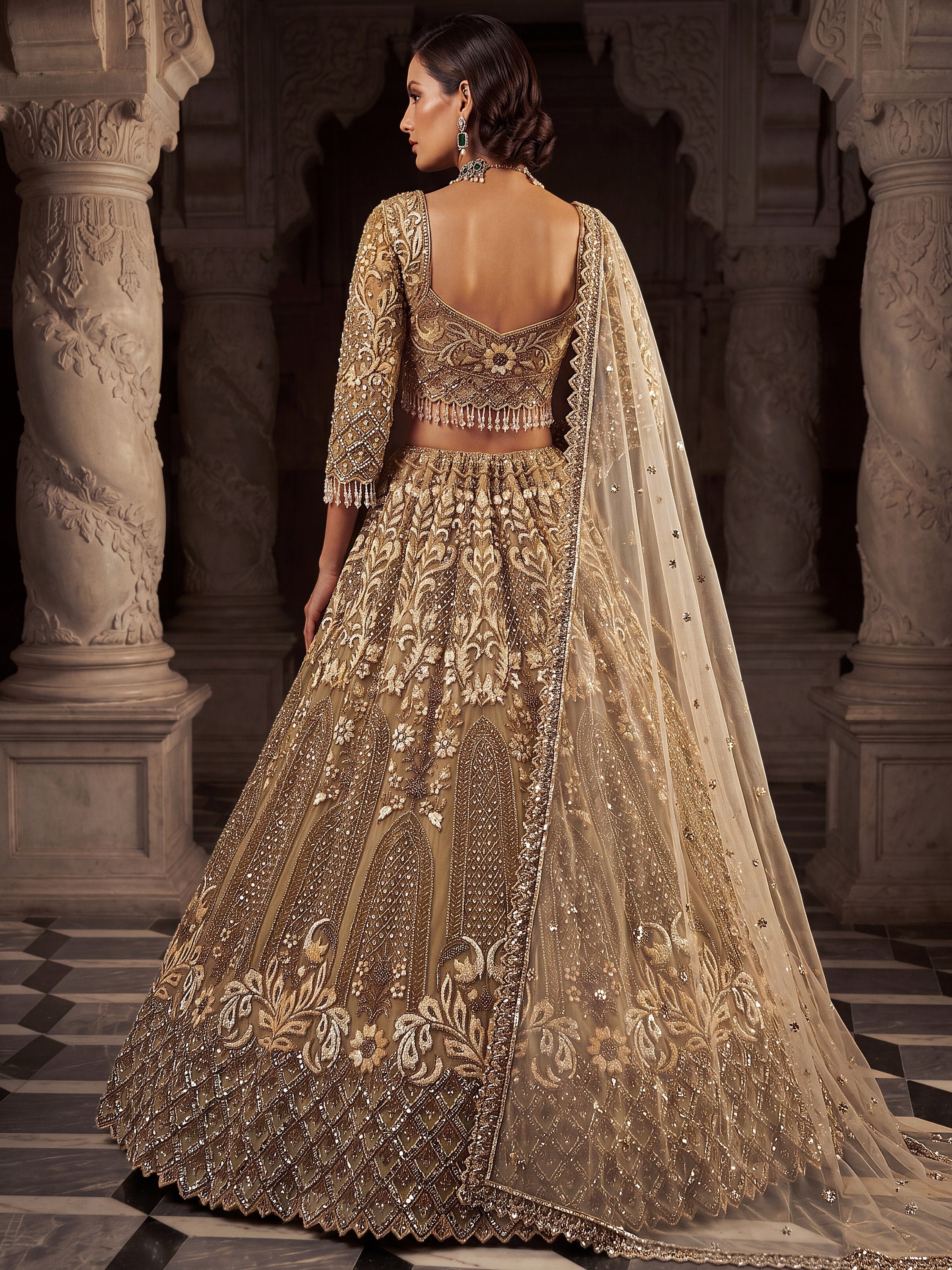 Luxurious Golden Hand Embroidery Net Bridal Lehenga Choli With Dupatta