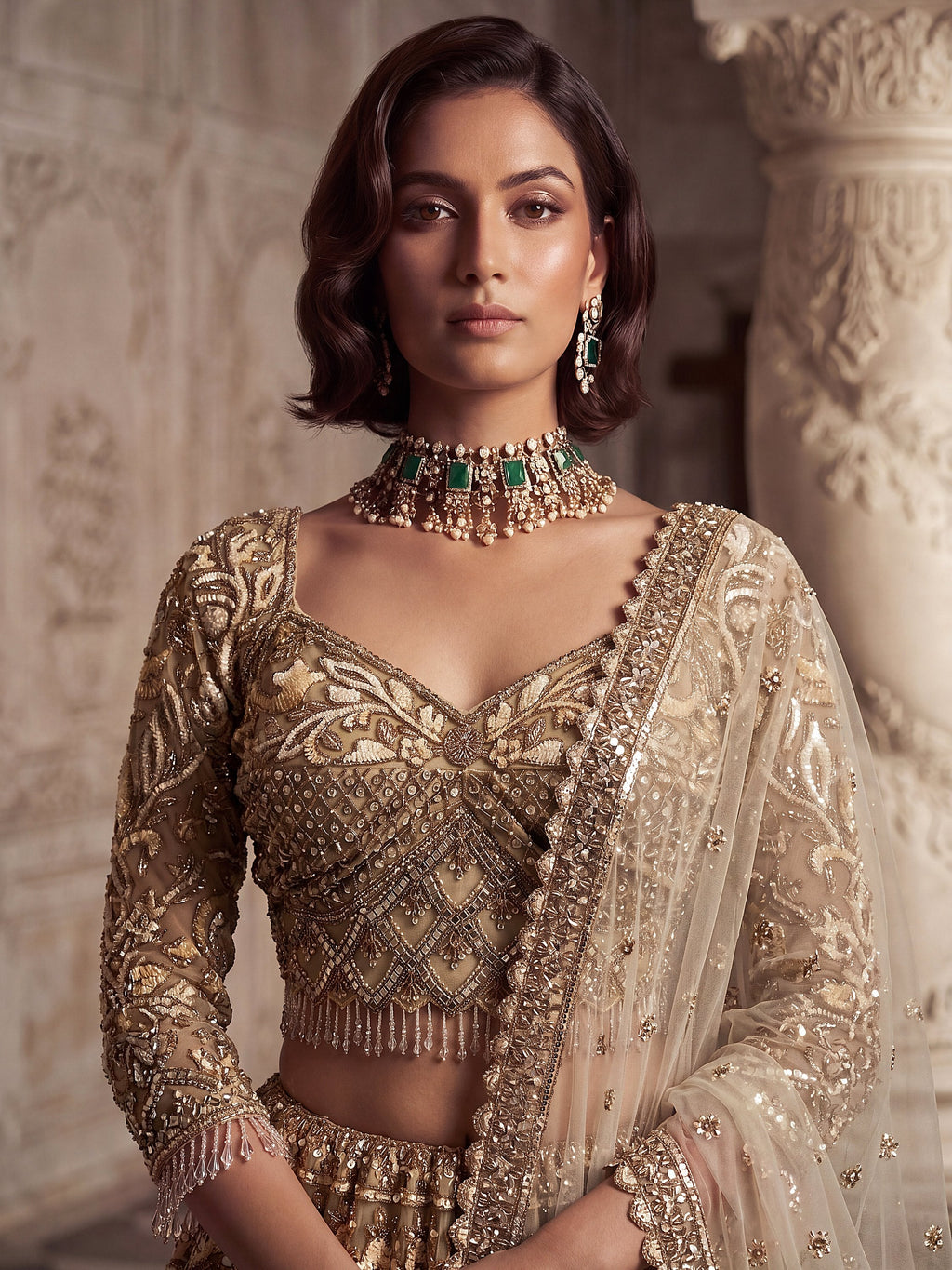 Luxurious Golden Hand Embroidery Net Bridal Lehenga Choli With Dupatta