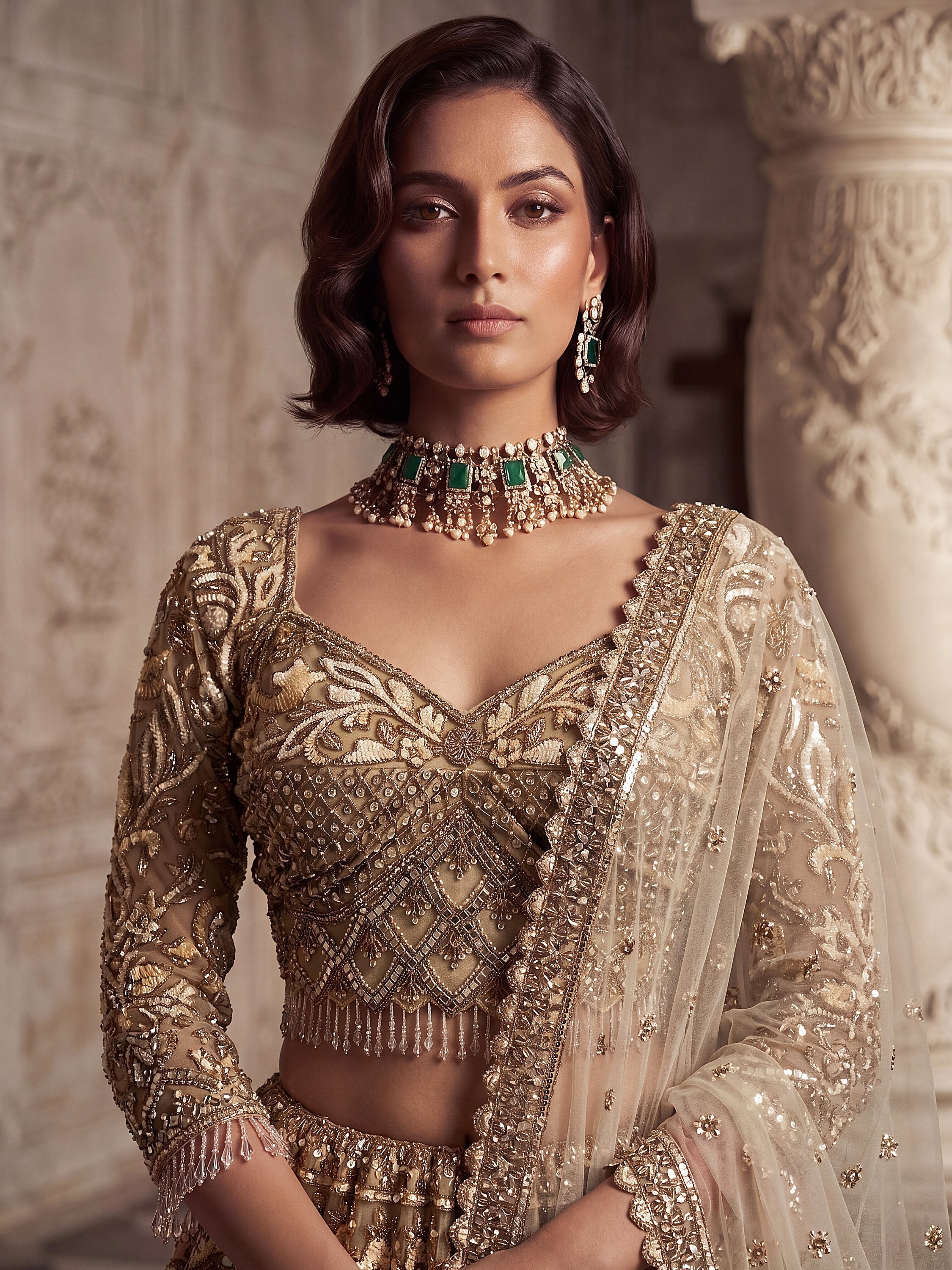 Luxurious Golden Hand Embroidery Net Bridal Lehenga Choli With Dupatta