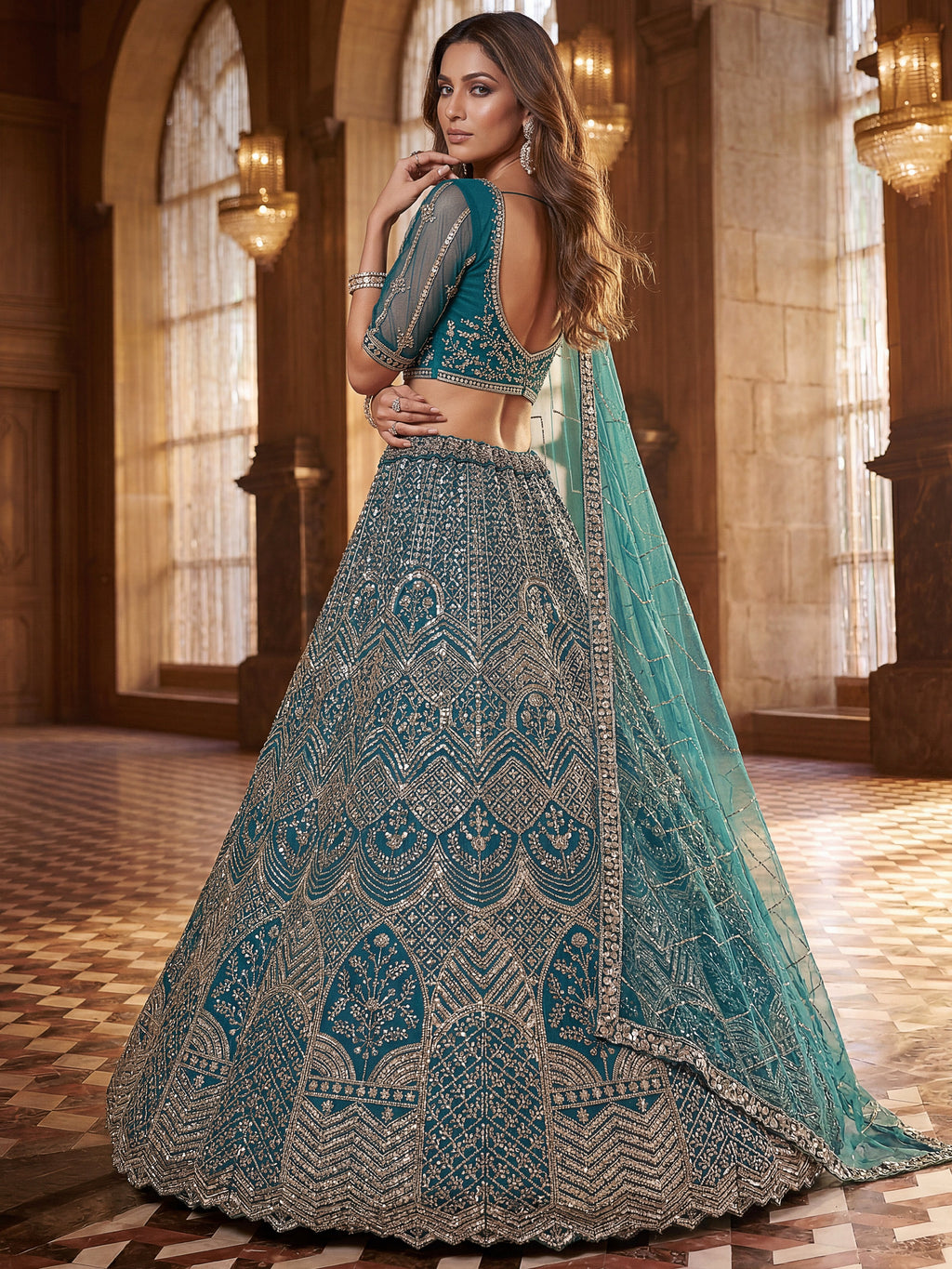 Royal Teal Blue Net Reception Wear Lehenga Choli With Dupatta