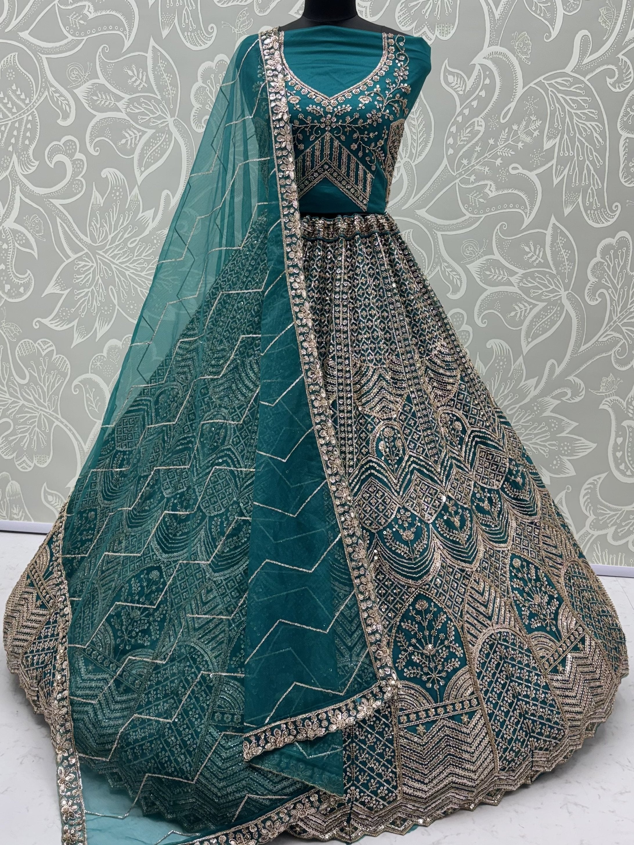 Royal Teal Blue Net Reception Wear Lehenga Choli With Dupatta