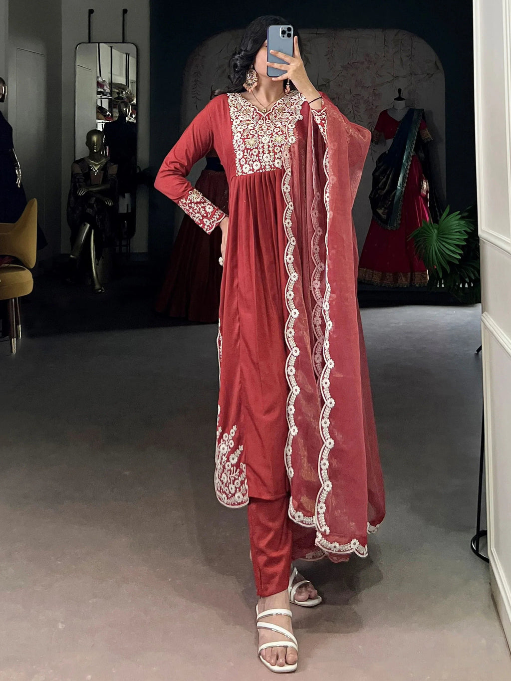Stylish Orange Thread Embroidered Cotton Festive Wear Salwar Kameez