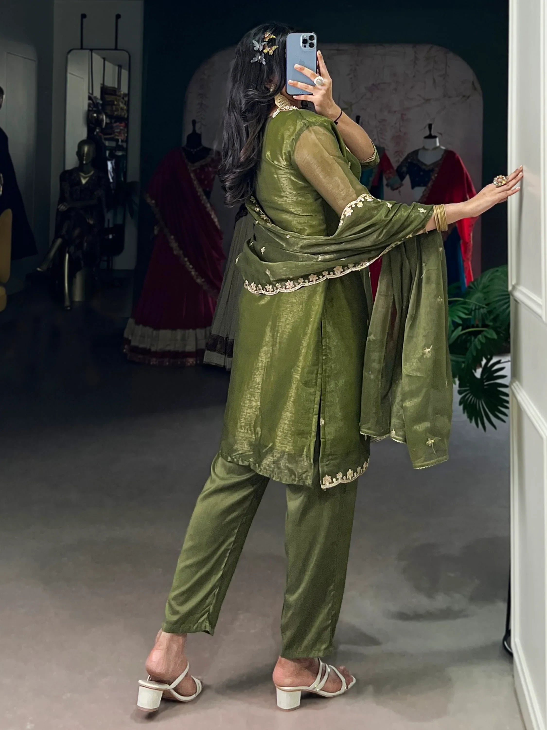 Incredible Olive Green Sequins Organza Mehendi Wear Salwar Suit