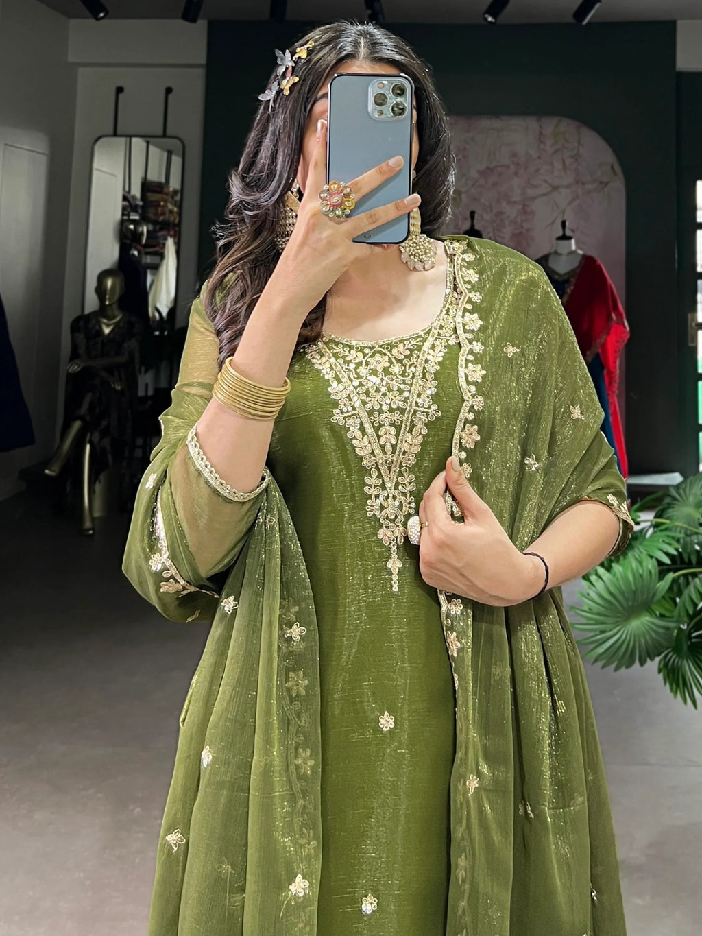 Incredible Olive Green Sequins Organza Mehendi Wear Salwar Suit