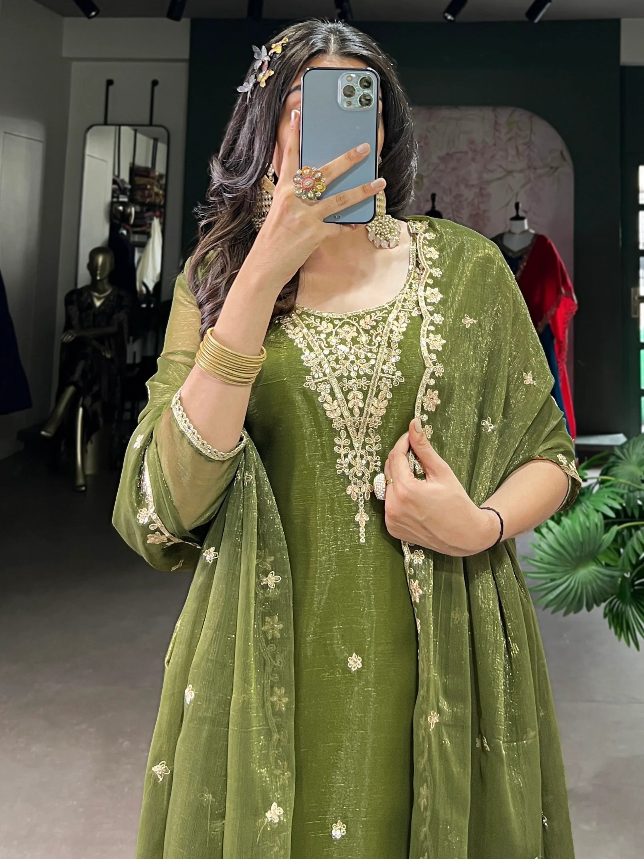 Incredible Olive Green Sequins Organza Mehendi Wear Salwar Suit