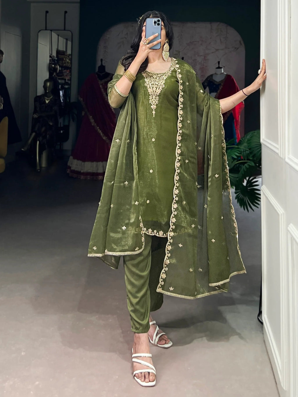 Incredible Olive Green Sequins Organza Mehendi Wear Salwar Suit