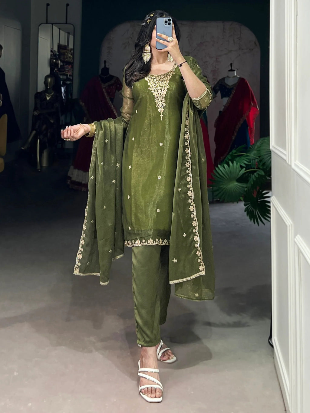 Incredible Olive Green Sequins Organza Mehendi Wear Salwar Suit