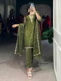 Incredible Olive Green Sequins Organza Mehendi Wear Salwar Suit