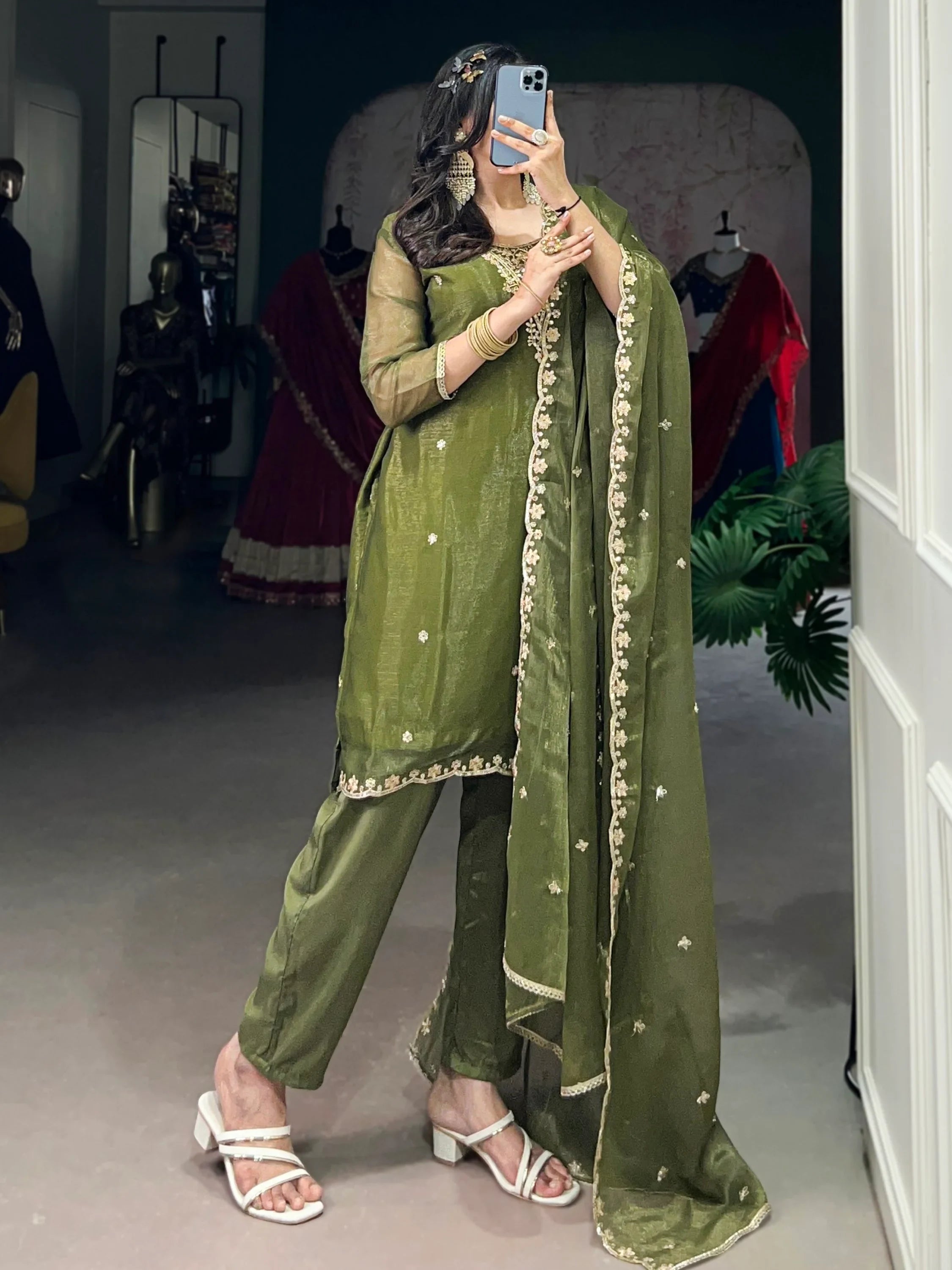Incredible Olive Green Sequins Organza Mehendi Wear Salwar Suit