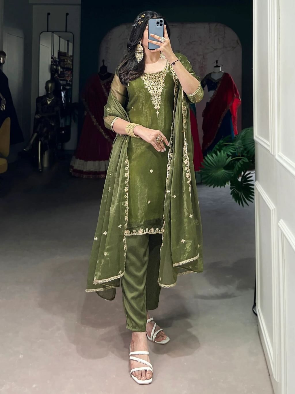 Incredible Olive Green Sequins Organza Mehendi Wear Salwar Suit