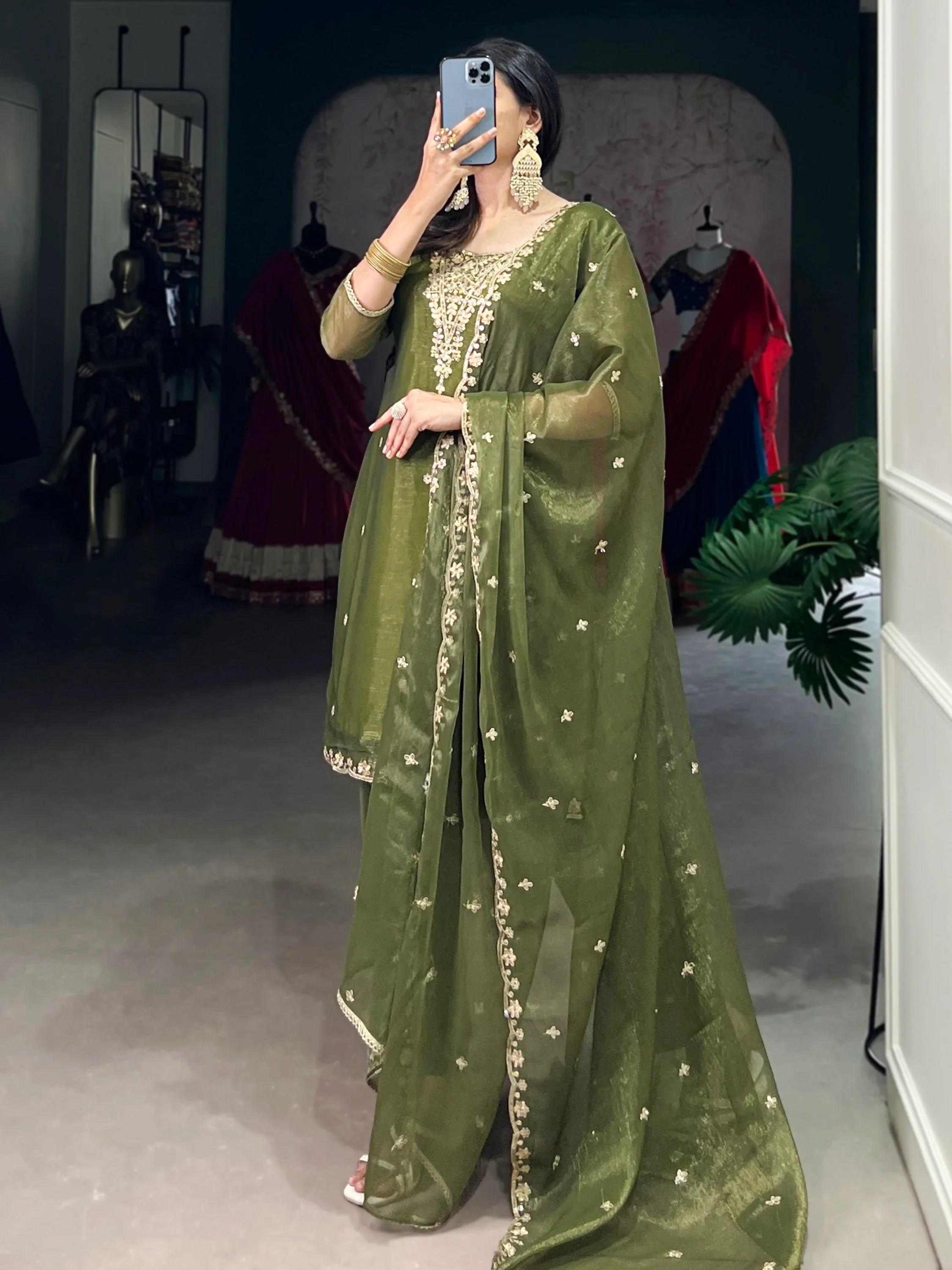 Incredible Olive Green Sequins Organza Mehendi Wear Salwar Suit
