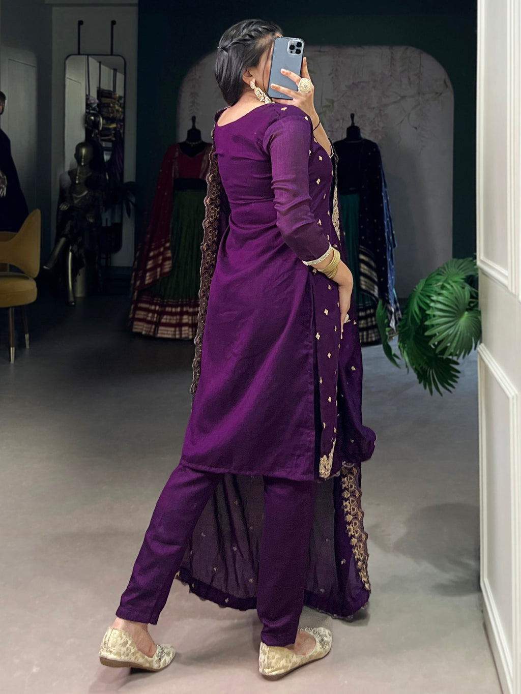Bewitching Purple Thread Embroidery Silk Traditional Pant Suit