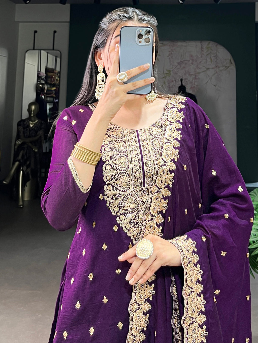 Bewitching Purple Thread Embroidery Silk Traditional Pant Suit