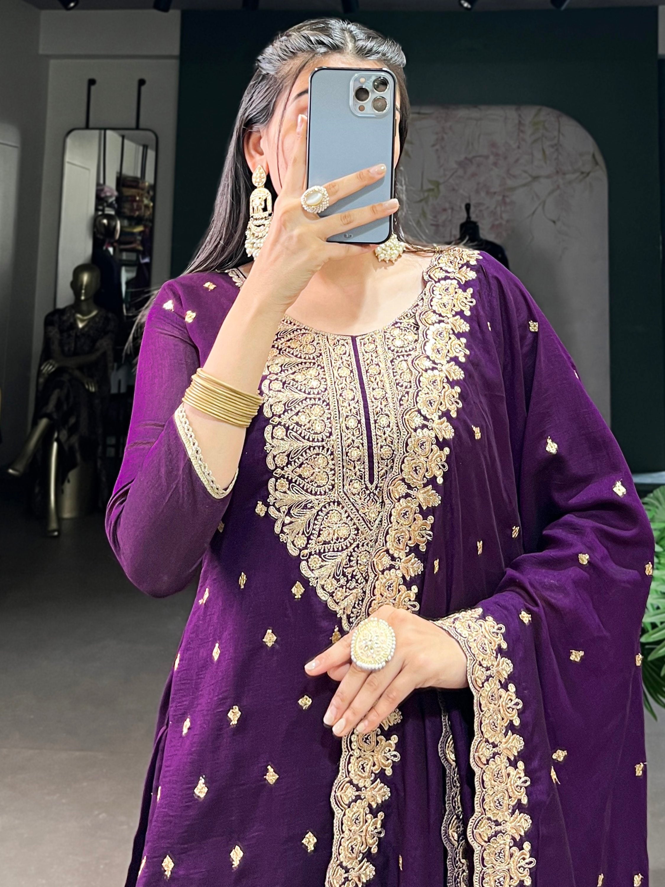 Bewitching Purple Thread Embroidery Silk Traditional Pant Suit