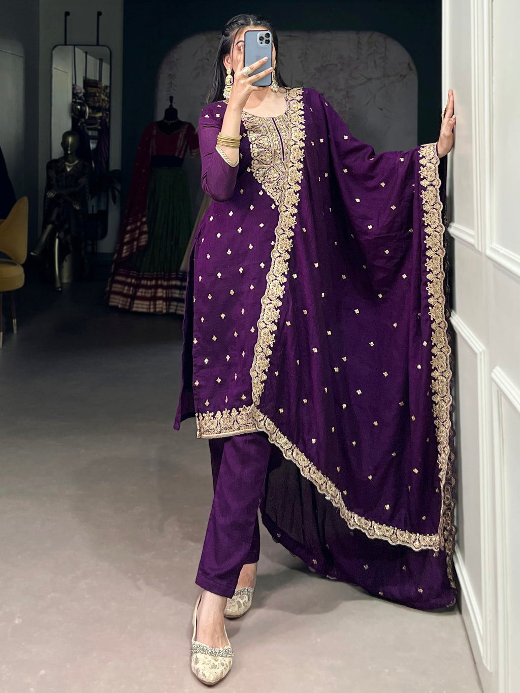 Bewitching Purple Thread Embroidery Silk Traditional Pant Suit