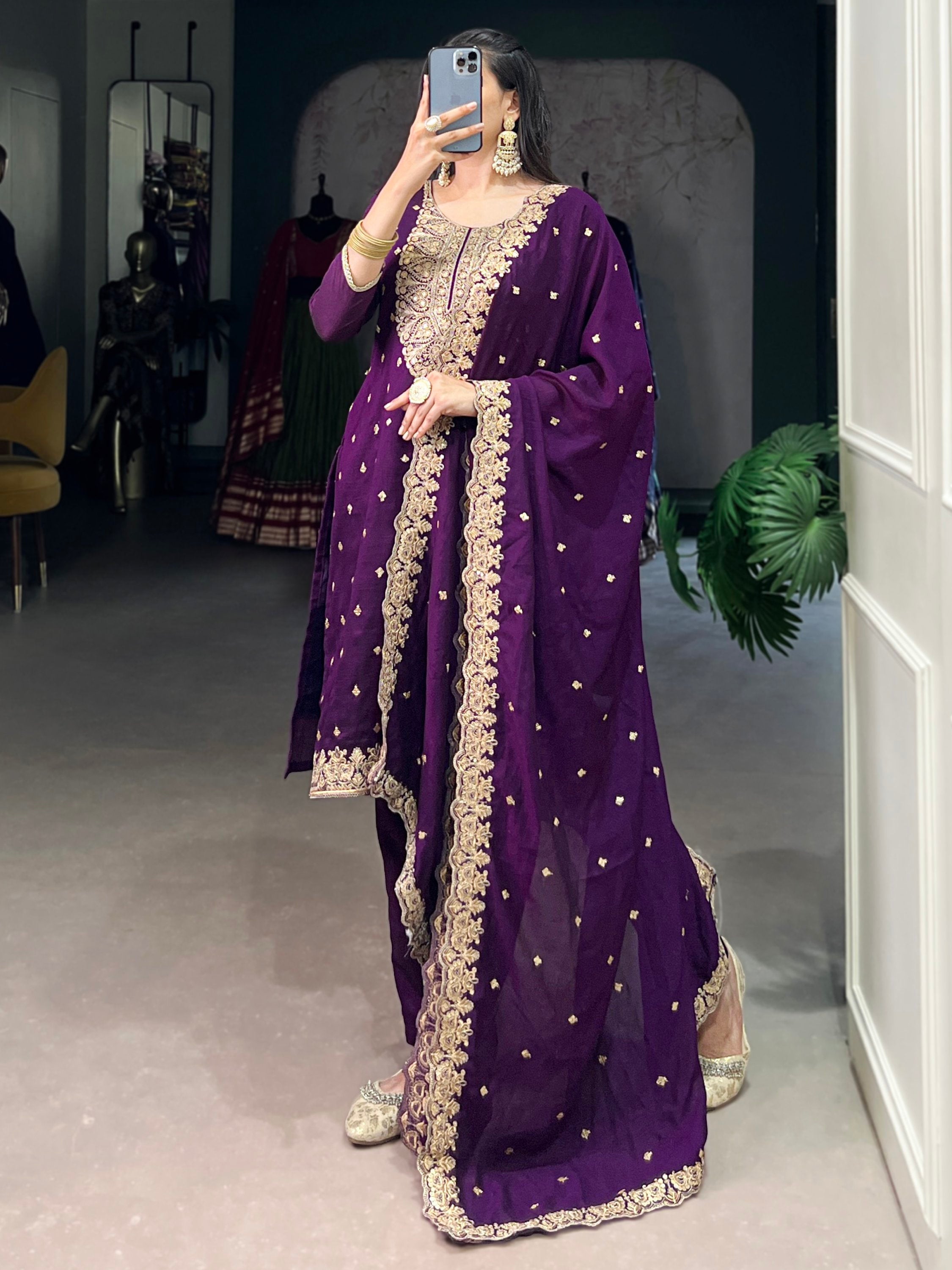 Bewitching Purple Thread Embroidery Silk Traditional Pant Suit