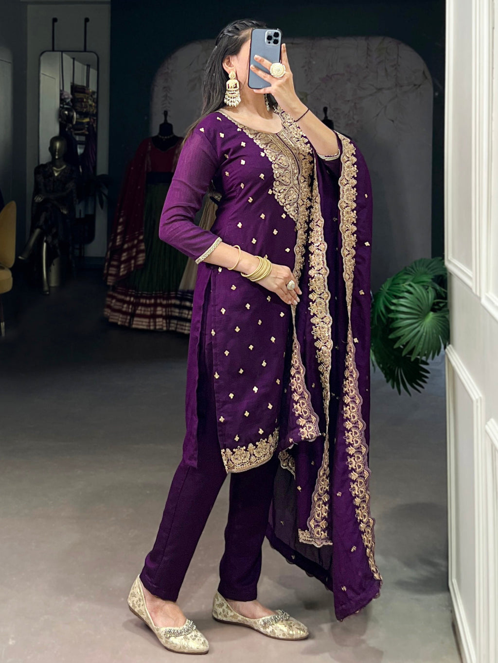 Bewitching Purple Thread Embroidery Silk Traditional Pant Suit