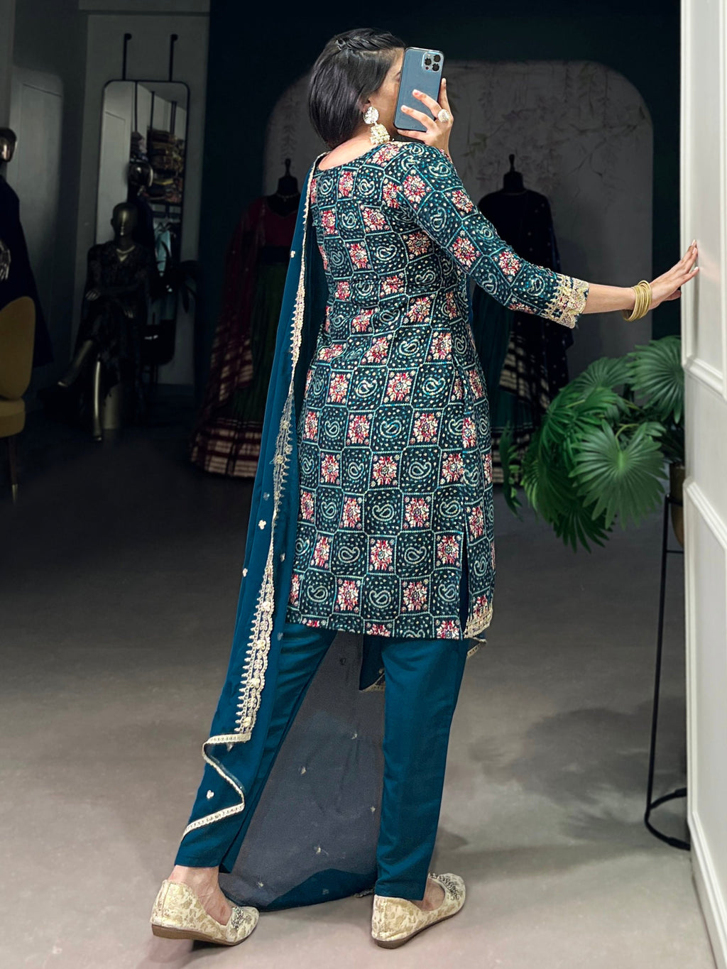 Awesome Teal Blue Printed Rayon Wedding Wear Pant Suit