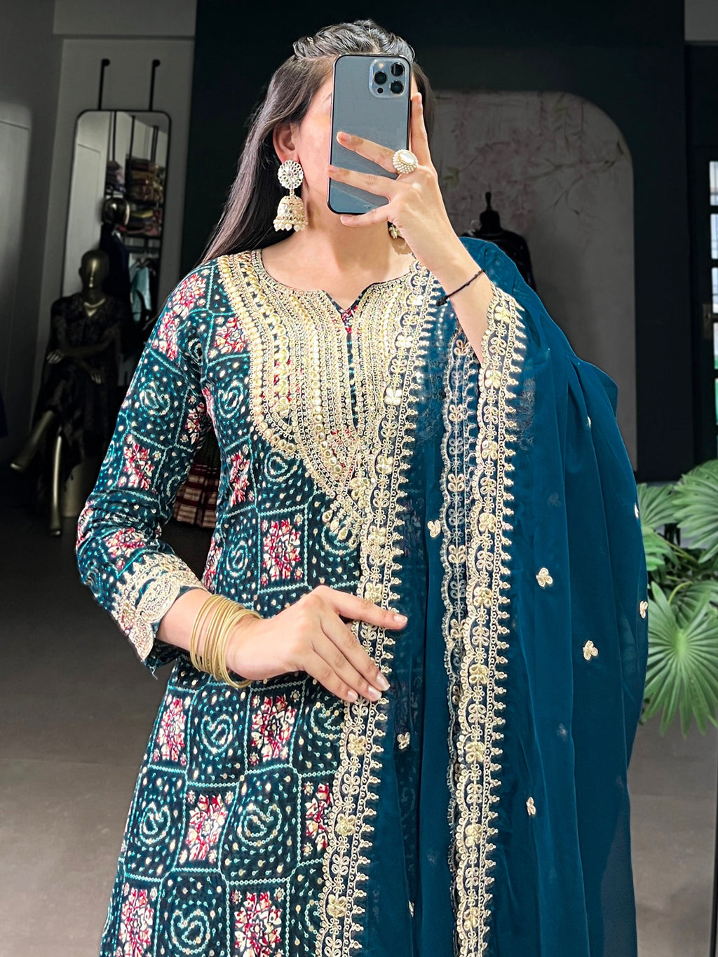 Awesome Teal Blue Printed Rayon Wedding Wear Pant Suit
