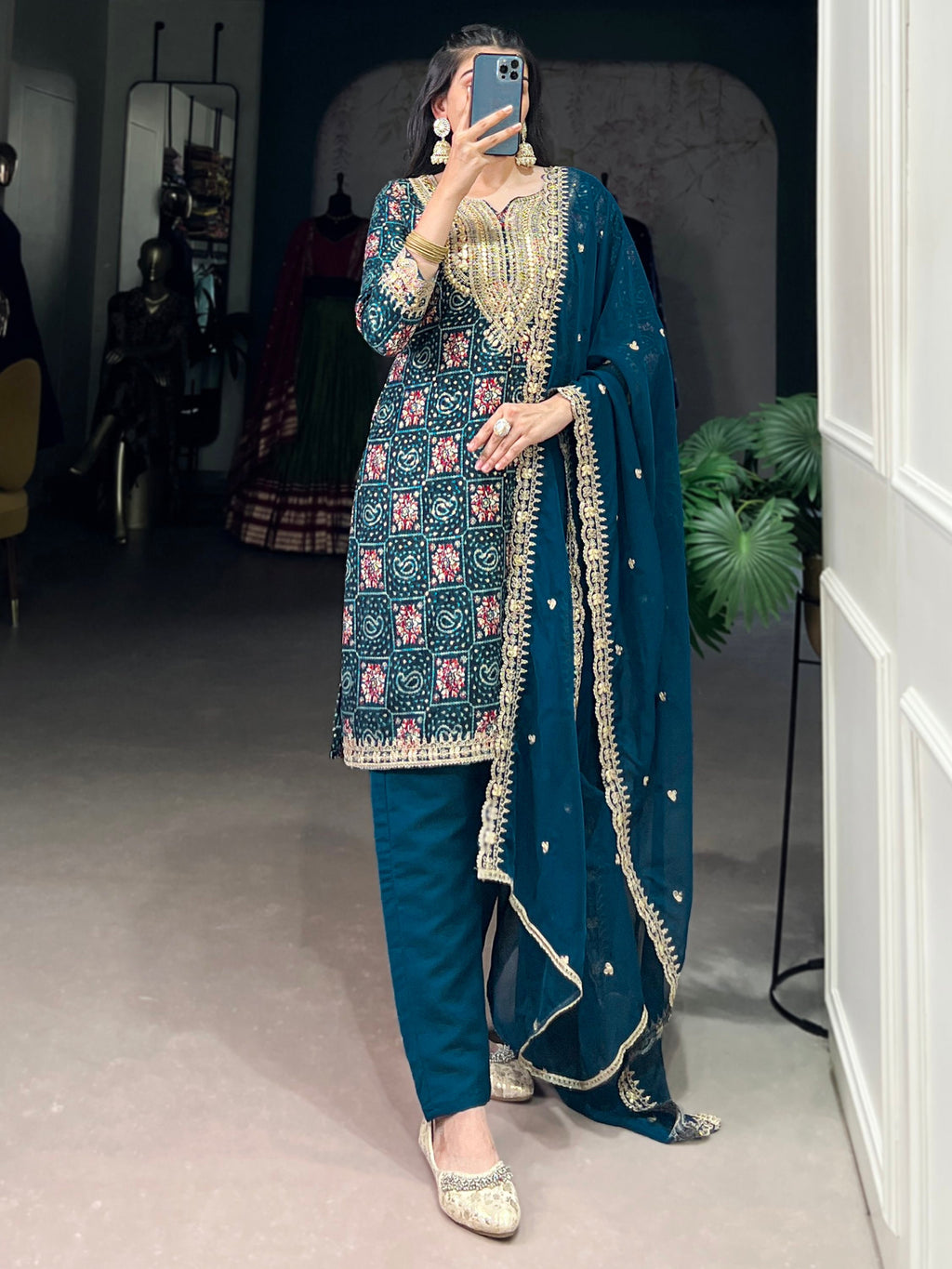 Awesome Teal Blue Printed Rayon Wedding Wear Pant Suit