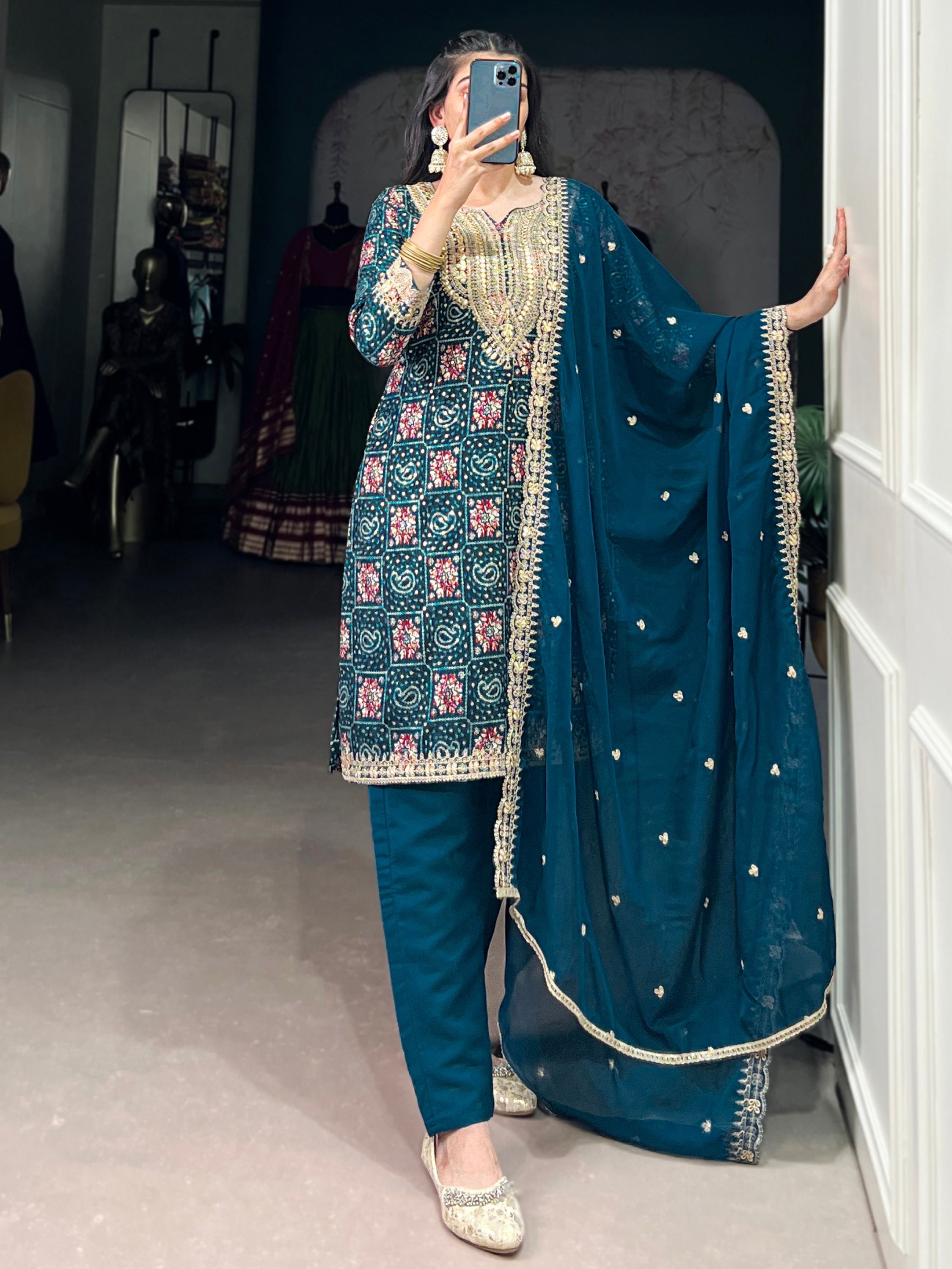 Awesome Teal Blue Printed Rayon Wedding Wear Pant Suit