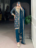 Awesome Teal Blue Printed Rayon Wedding Wear Pant Suit