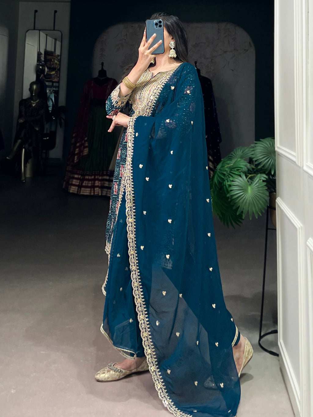 Awesome Teal Blue Printed Rayon Wedding Wear Pant Suit