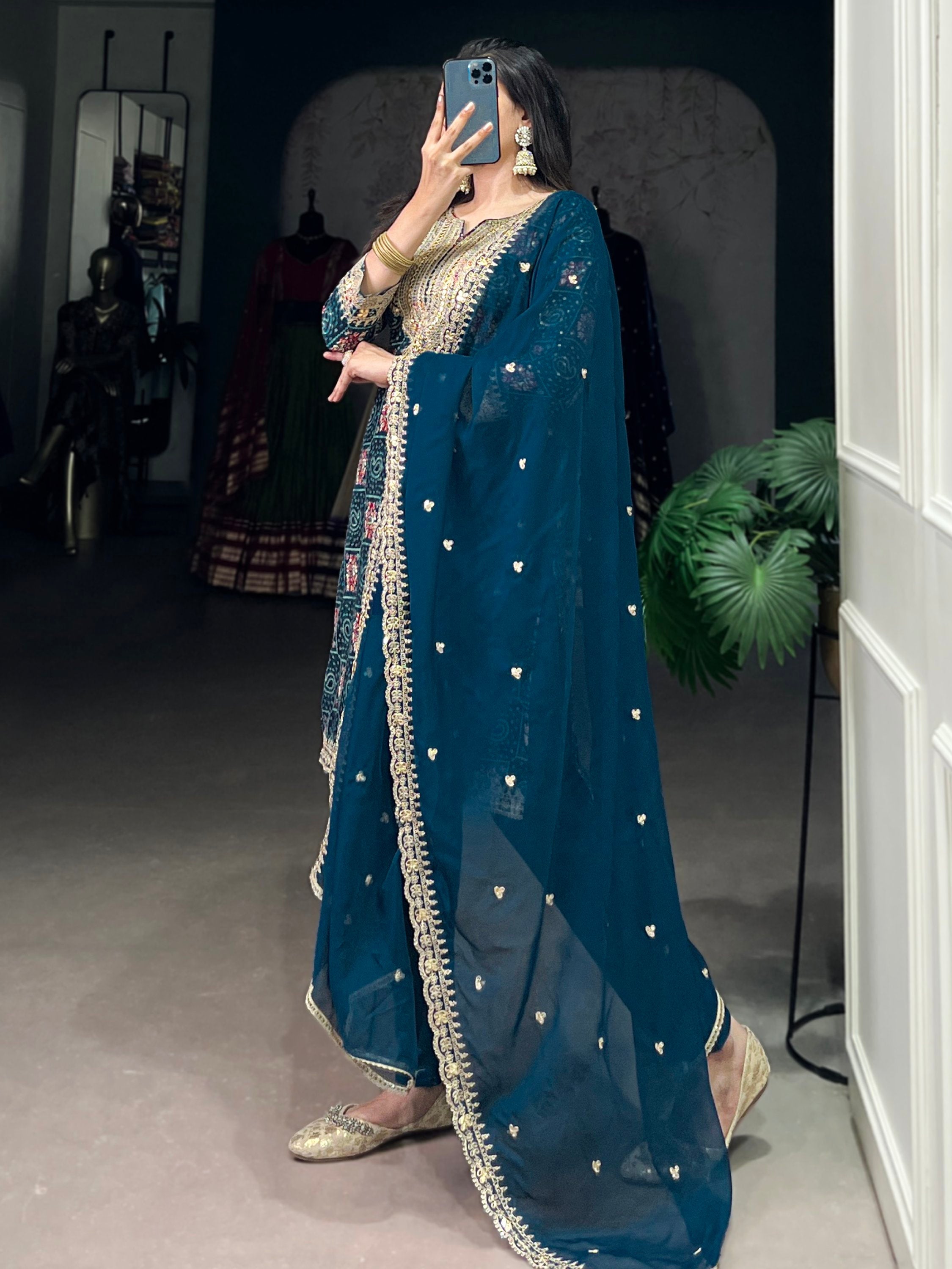 Awesome Teal Blue Printed Rayon Wedding Wear Pant Suit
