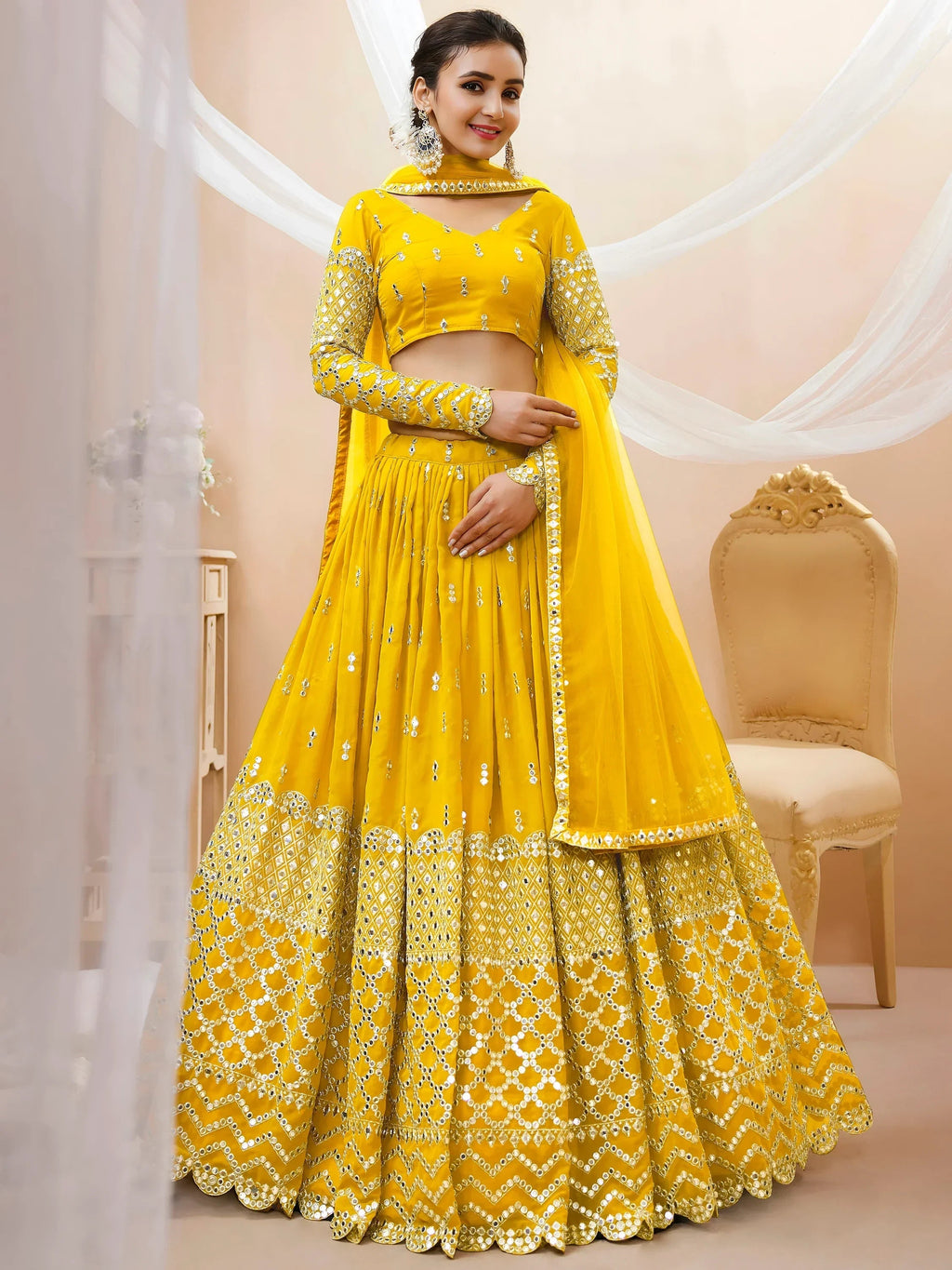 Beautiful Yellow Zari Embroidered Georgette Haldi Wear Lehenga Choli