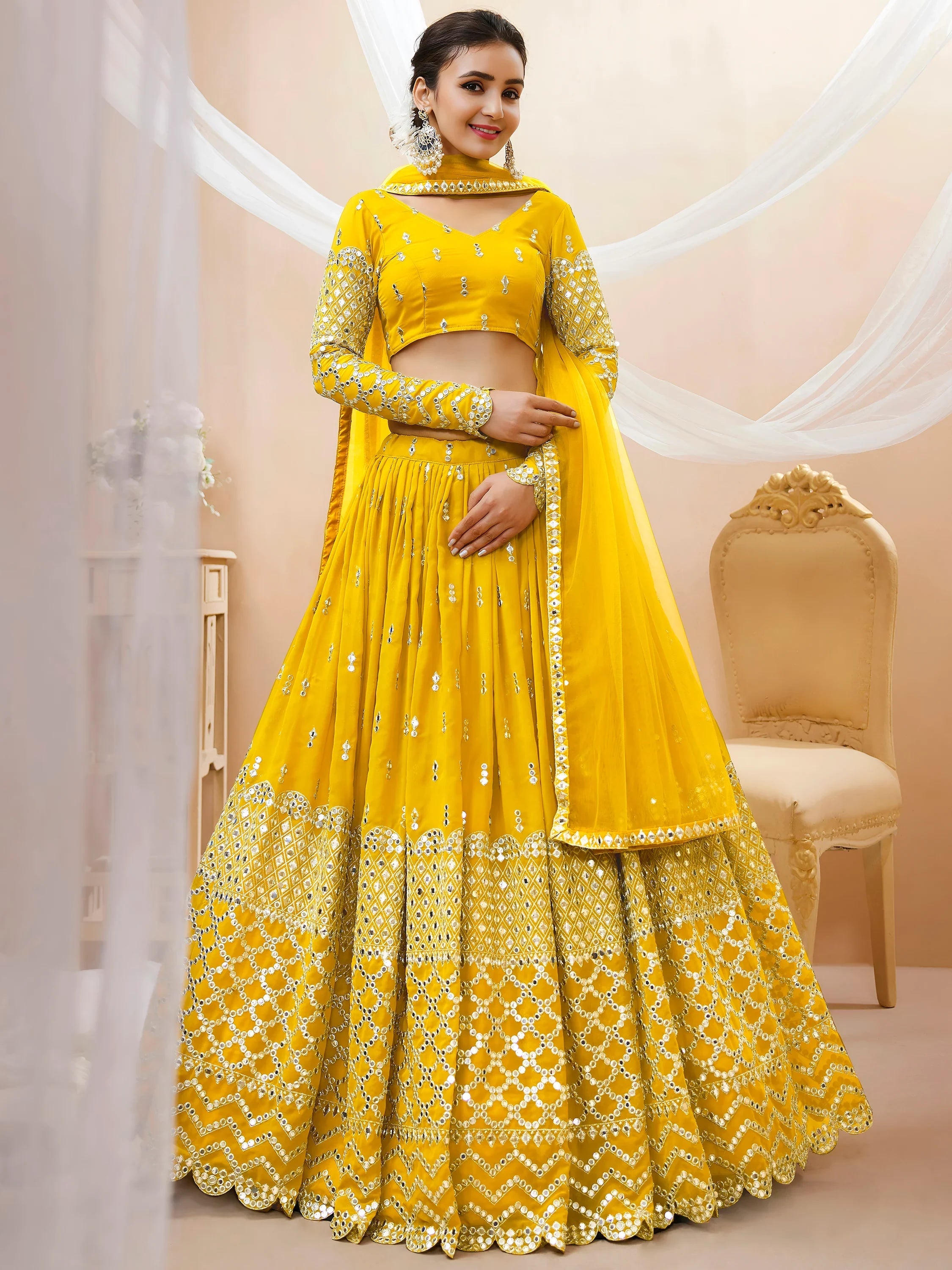 Classic Yellow Embroidered Georgette Haldi Wear Plus Size Lehenga Choli