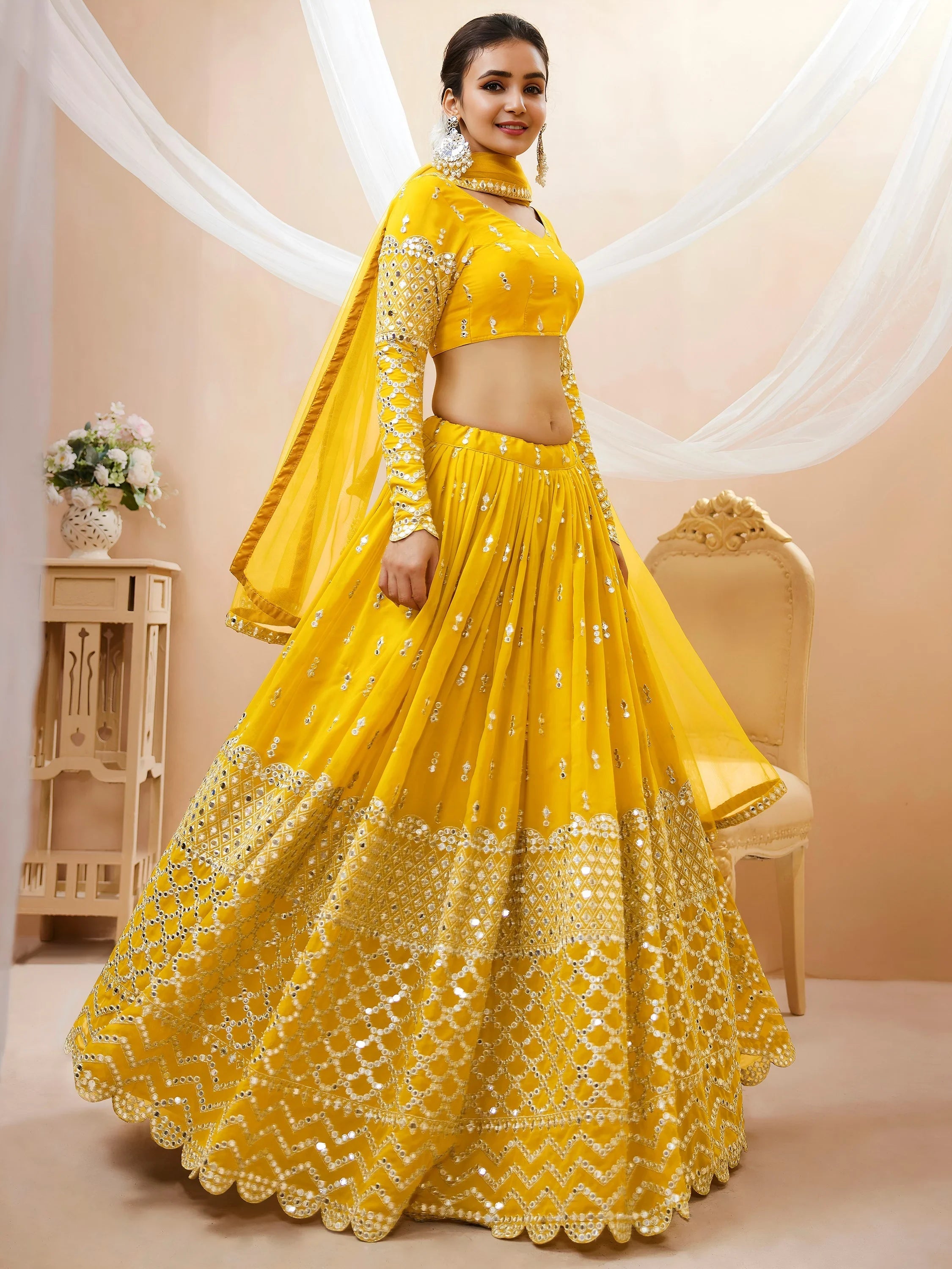 Classic Yellow Embroidered Georgette Haldi Wear Plus Size Lehenga Choli