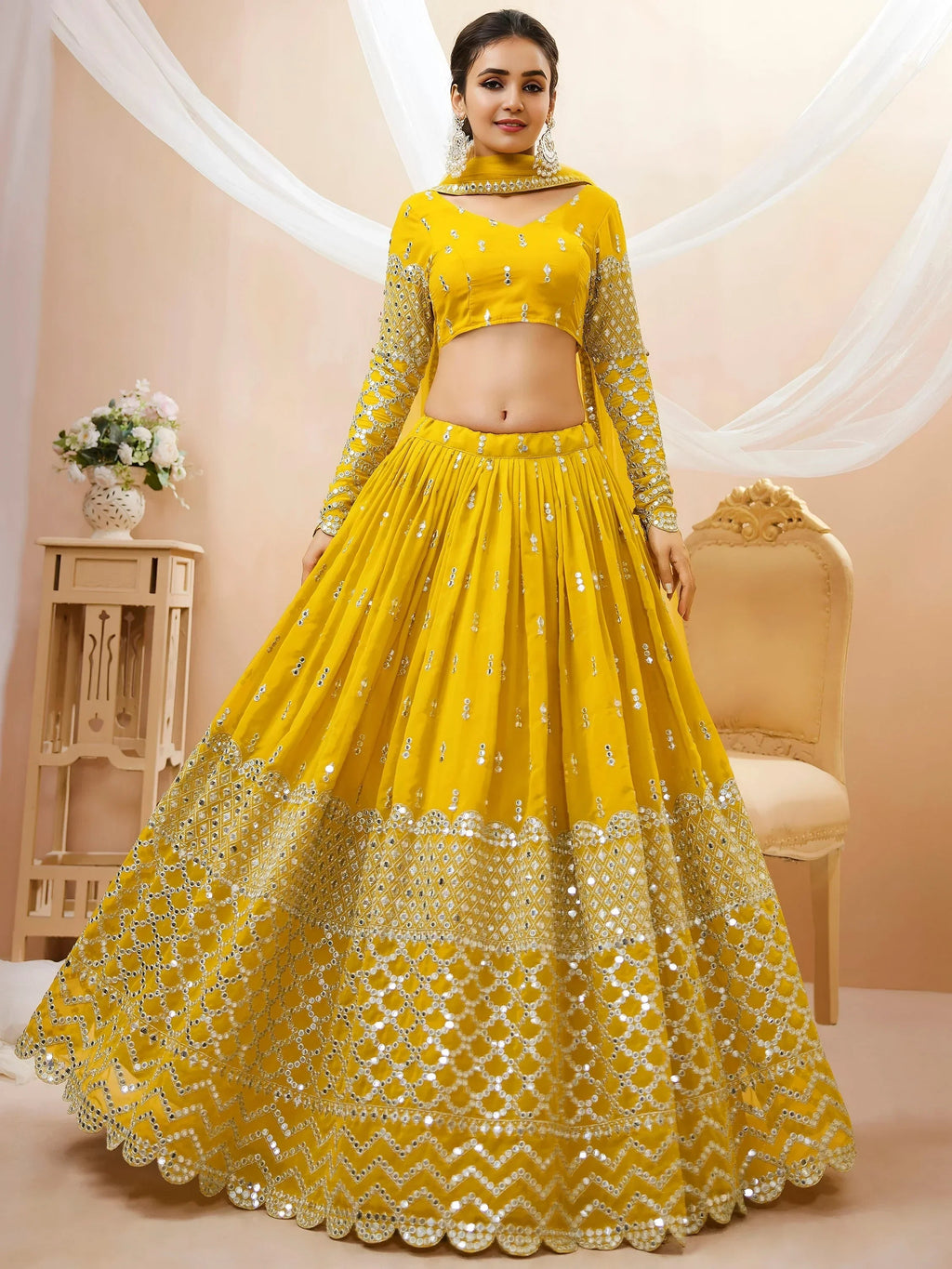 Beautiful Yellow Zari Embroidered Georgette Haldi Wear Lehenga Choli