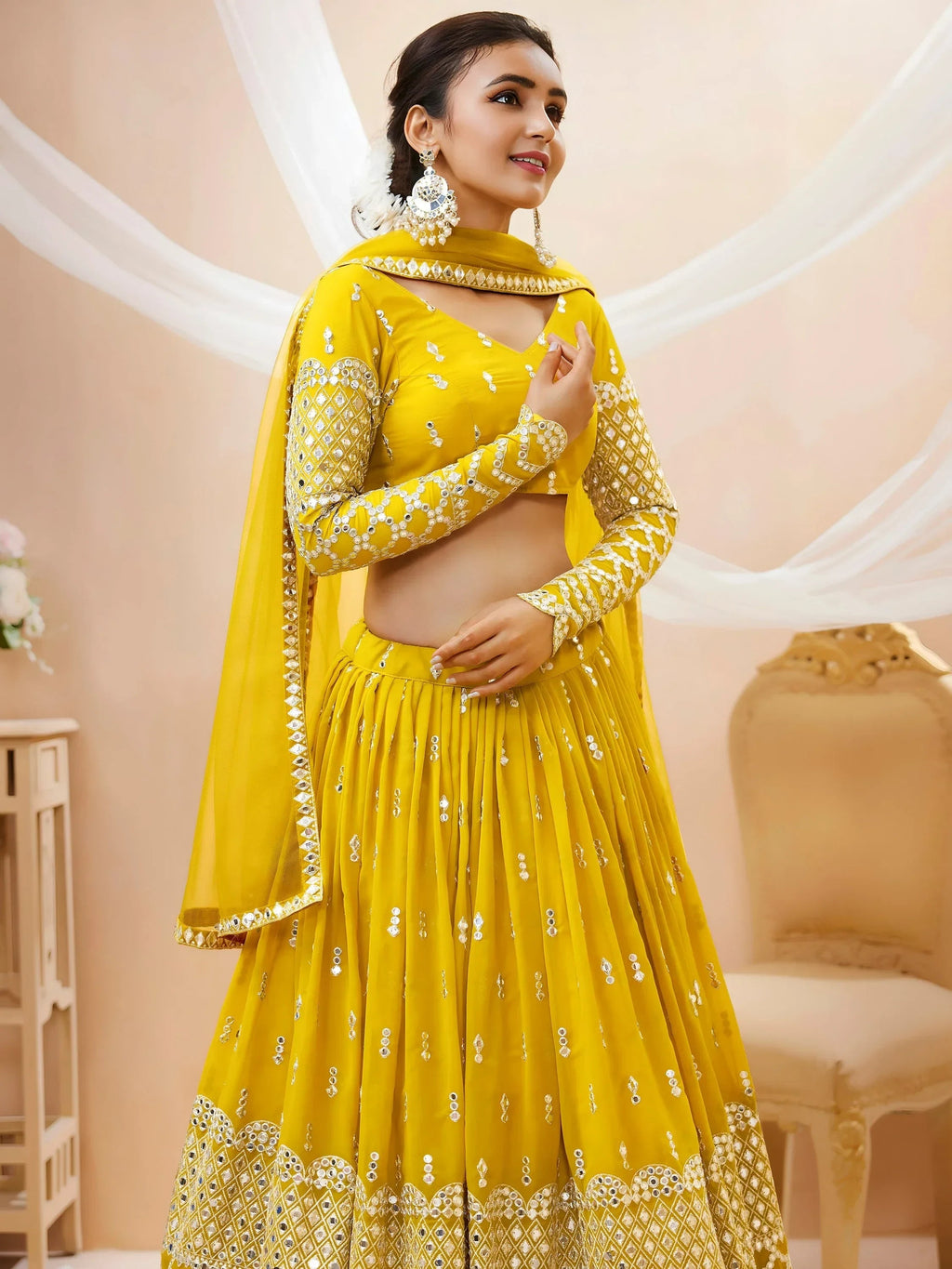 Beautiful Yellow Zari Embroidered Georgette Haldi Wear Lehenga Choli